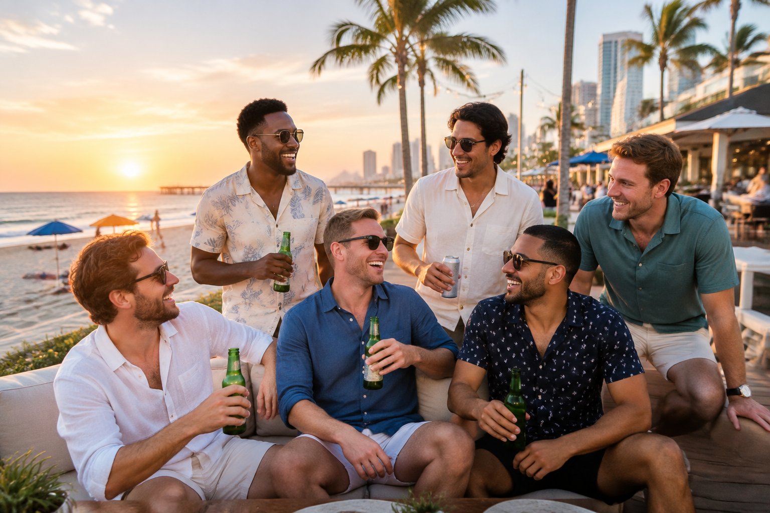A group of friends celebrating together on a sunny beach beside a lively waterfront.