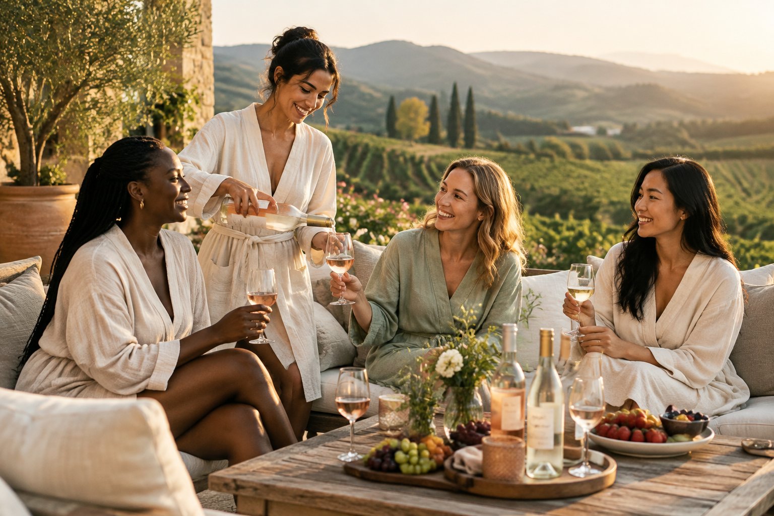 A group of friends relaxes with wine at a luxurious vineyard wellness retreat.