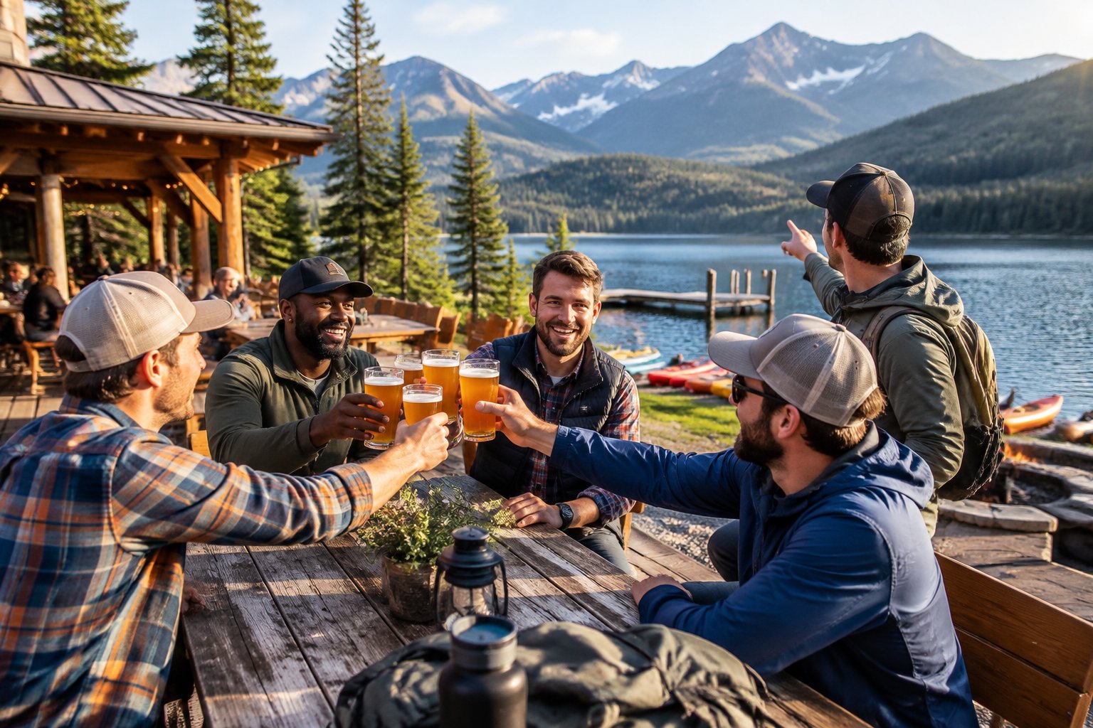 Friends toast with beer at a lakeside outdoor gathering surrounded by mountains and forest.