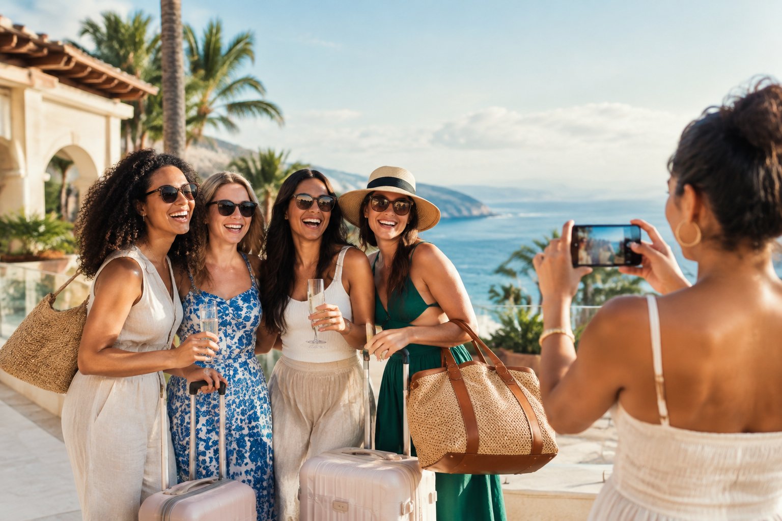 A group of friends celebrating together at a scenic coastal vacation destination with luggage nearby.