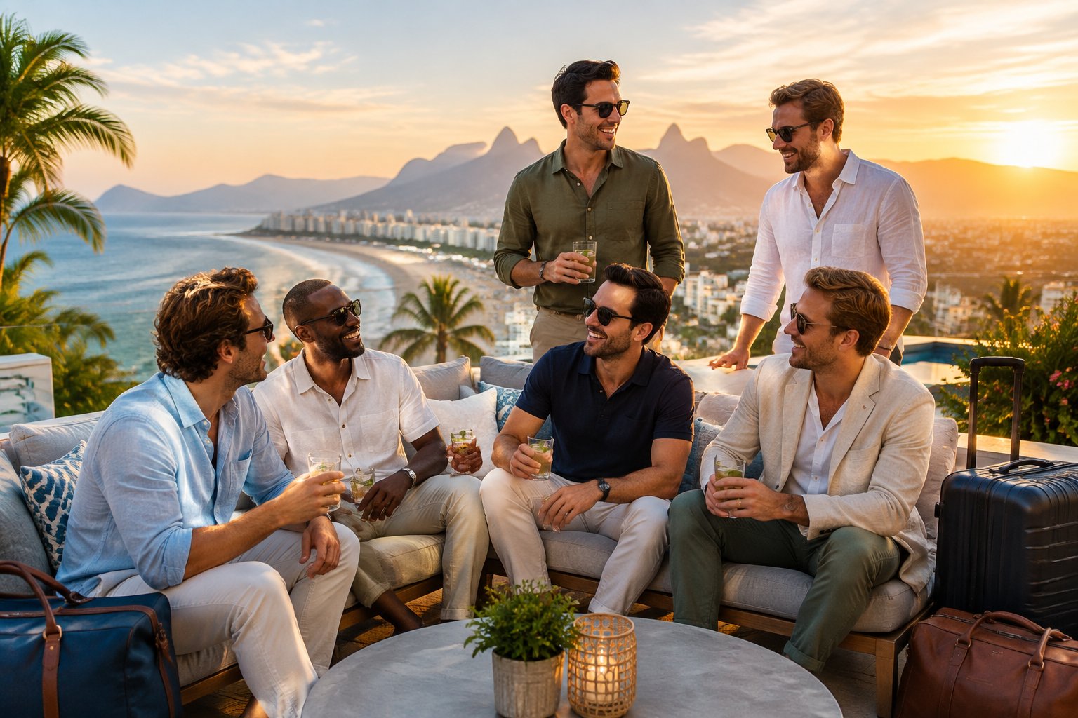 A group of friends celebrating together on a rooftop overlooking a tropical coastal city.