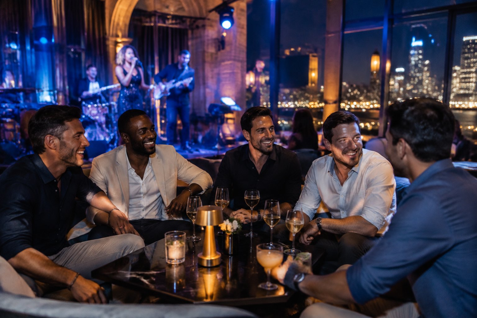 A group of friends enjoying live music together at an upscale nightlife venue.