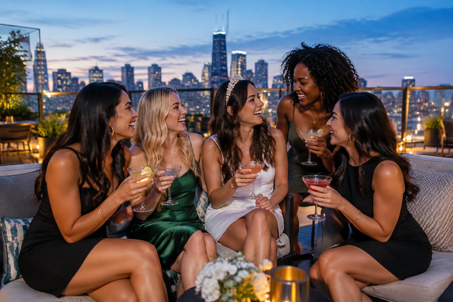 A group of friends celebrates together at a rooftop lounge overlooking a city skyline.