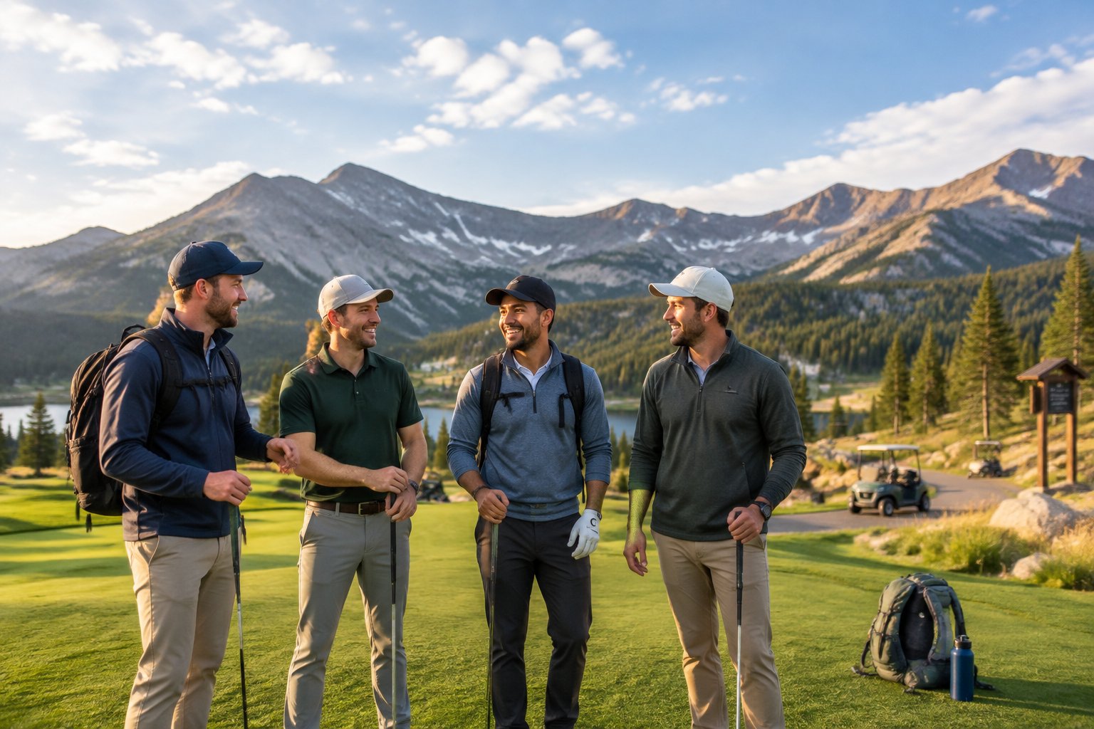 Four friends enjoy a mountain golf resort with a scenic alpine landscape behind them.