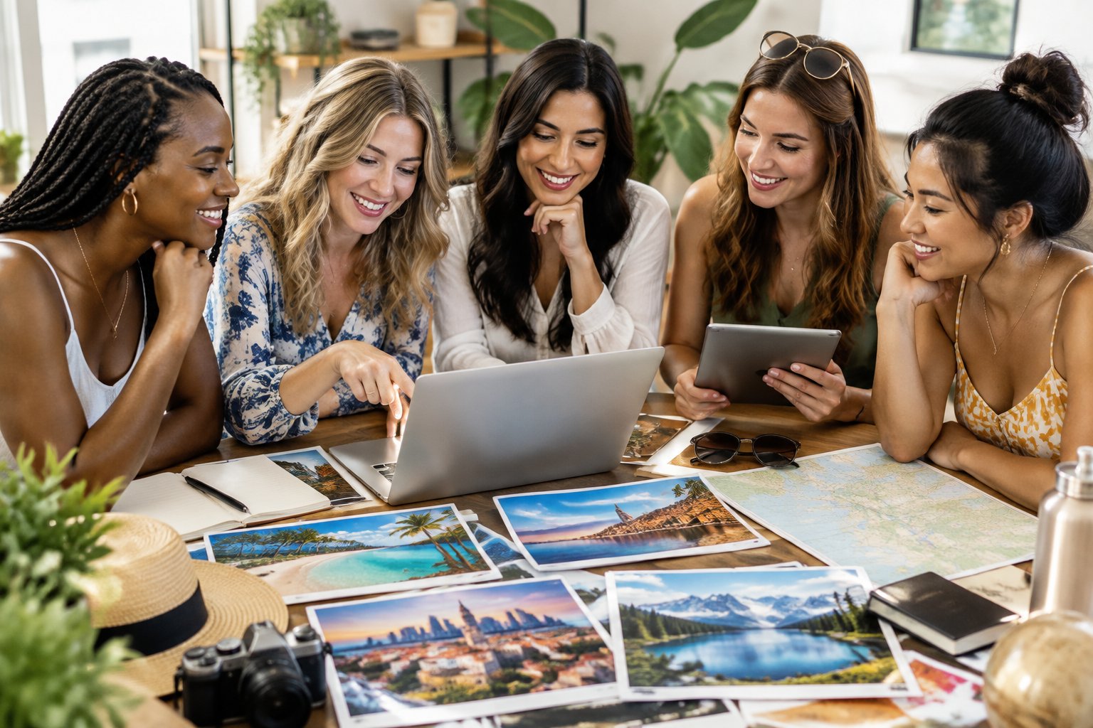 Friends compare travel options while planning a group celebration.