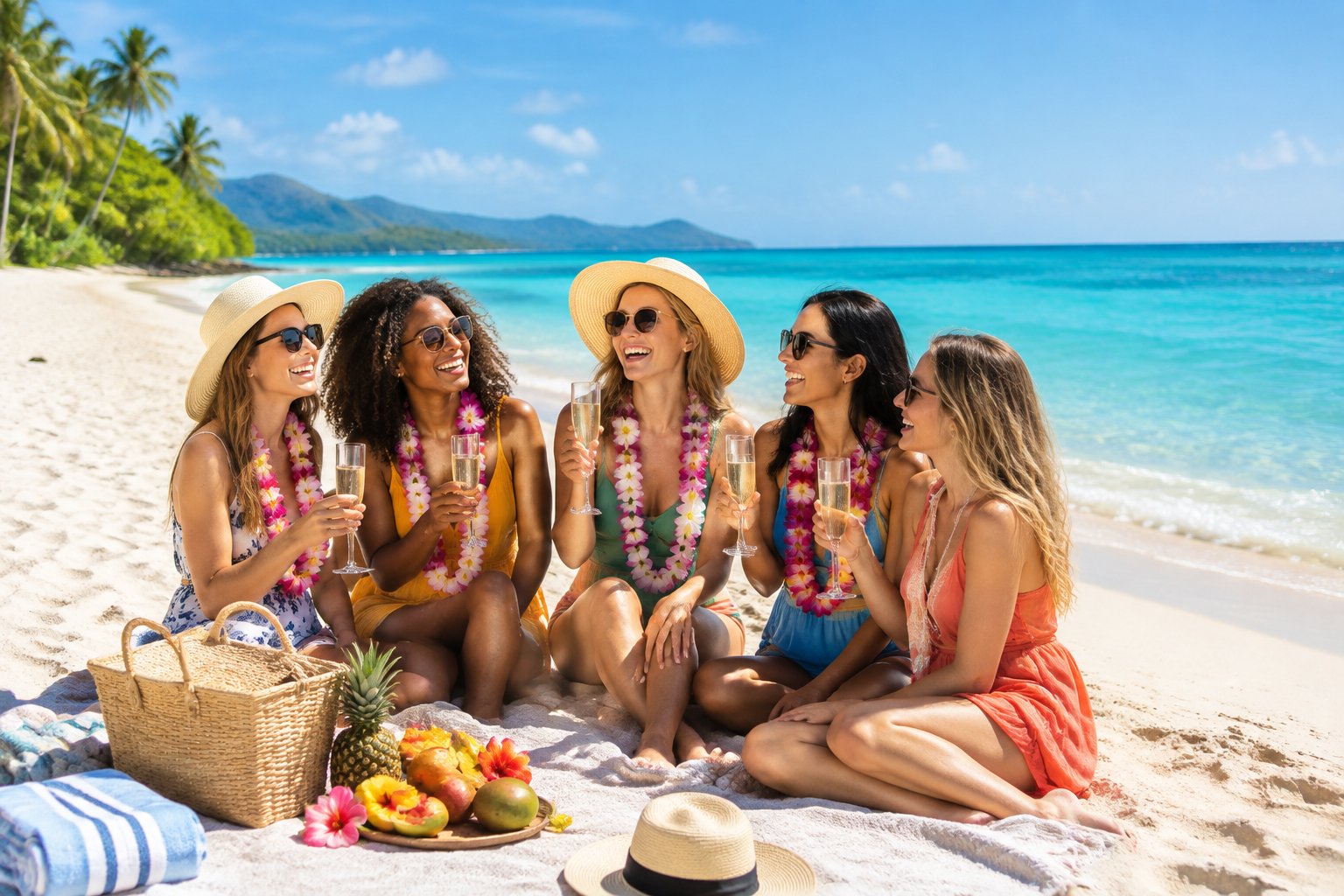 A group of women friends celebrating together on a sunny tropical beach beside turquoise water.