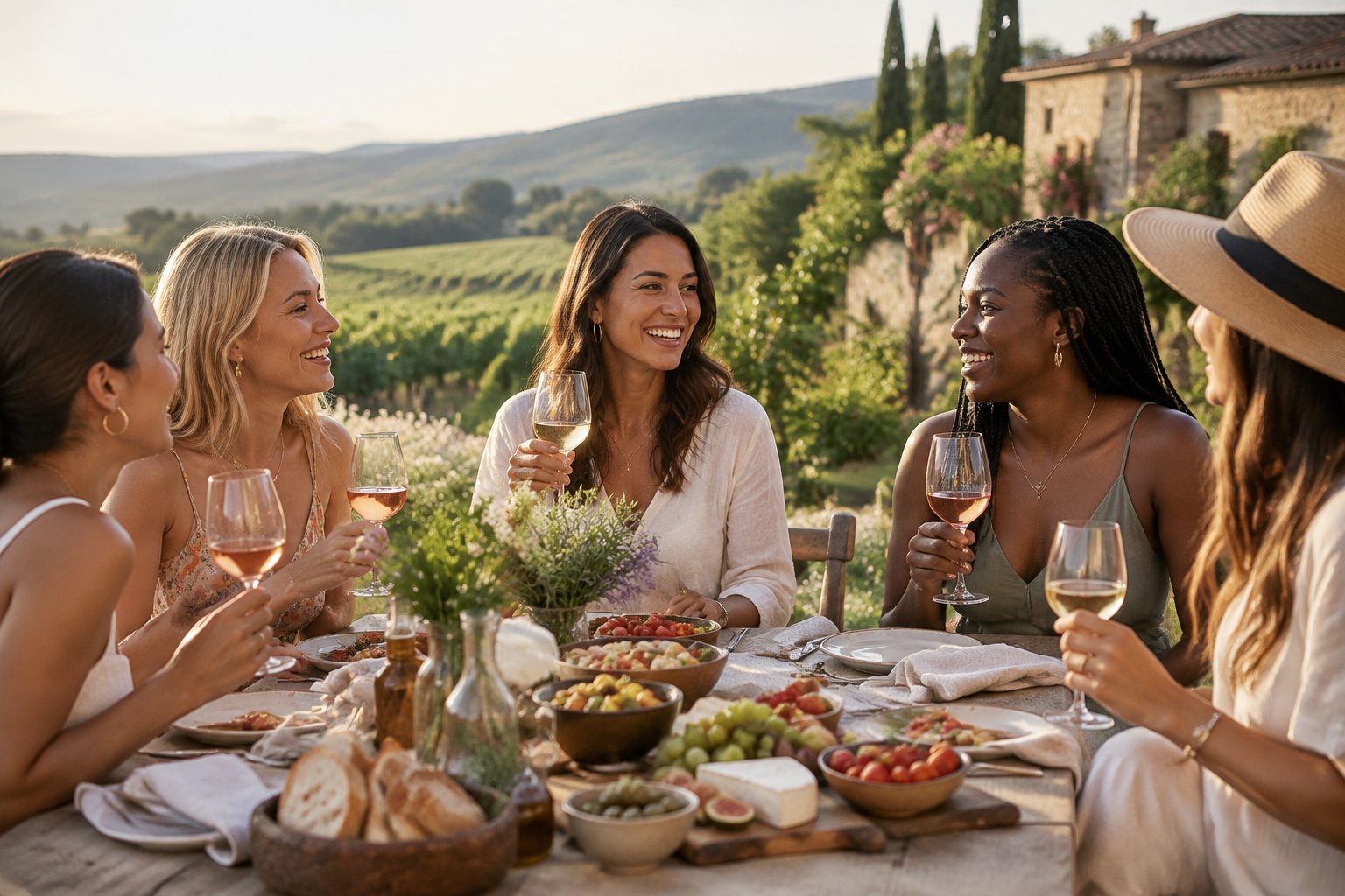 A group of women friends enjoying wine and a leisurely meal at an outdoor table overlooking a vineyard.