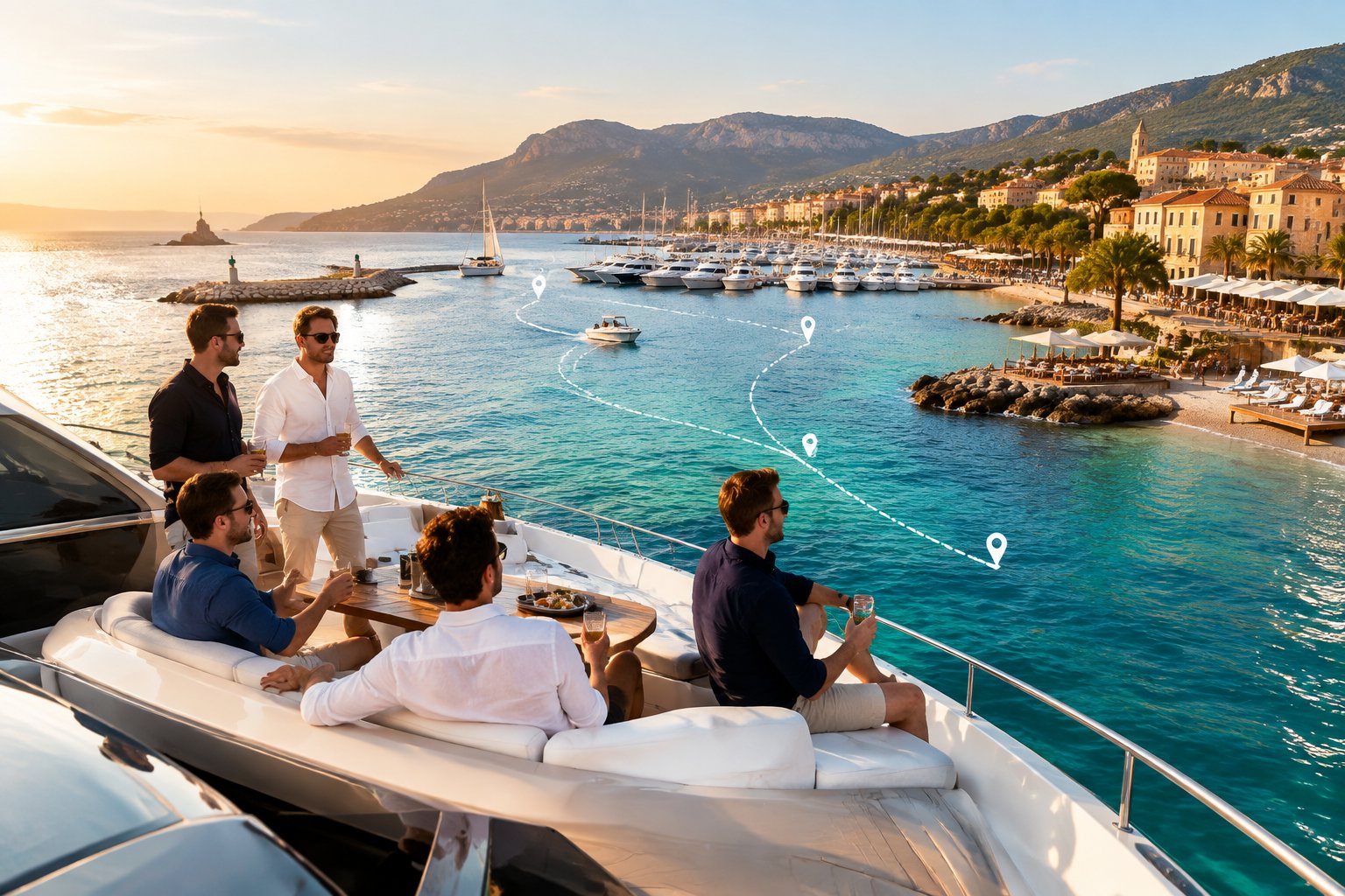 Friends relax on a luxury yacht anchored near a scenic coastal destination with a marina and waterfront venues.