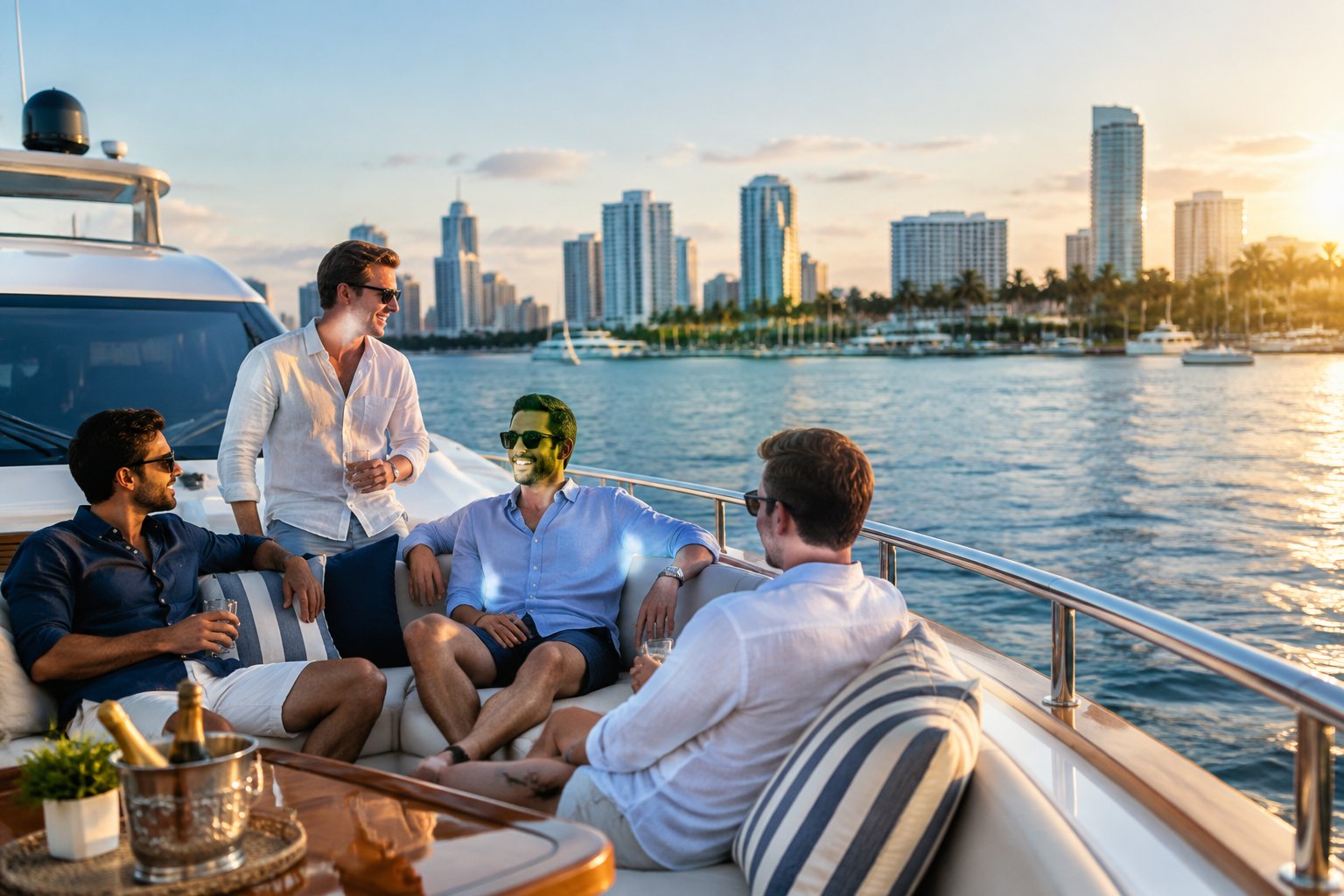 A group of men celebrating on the deck of a luxury yacht near a sunny American coastal city.