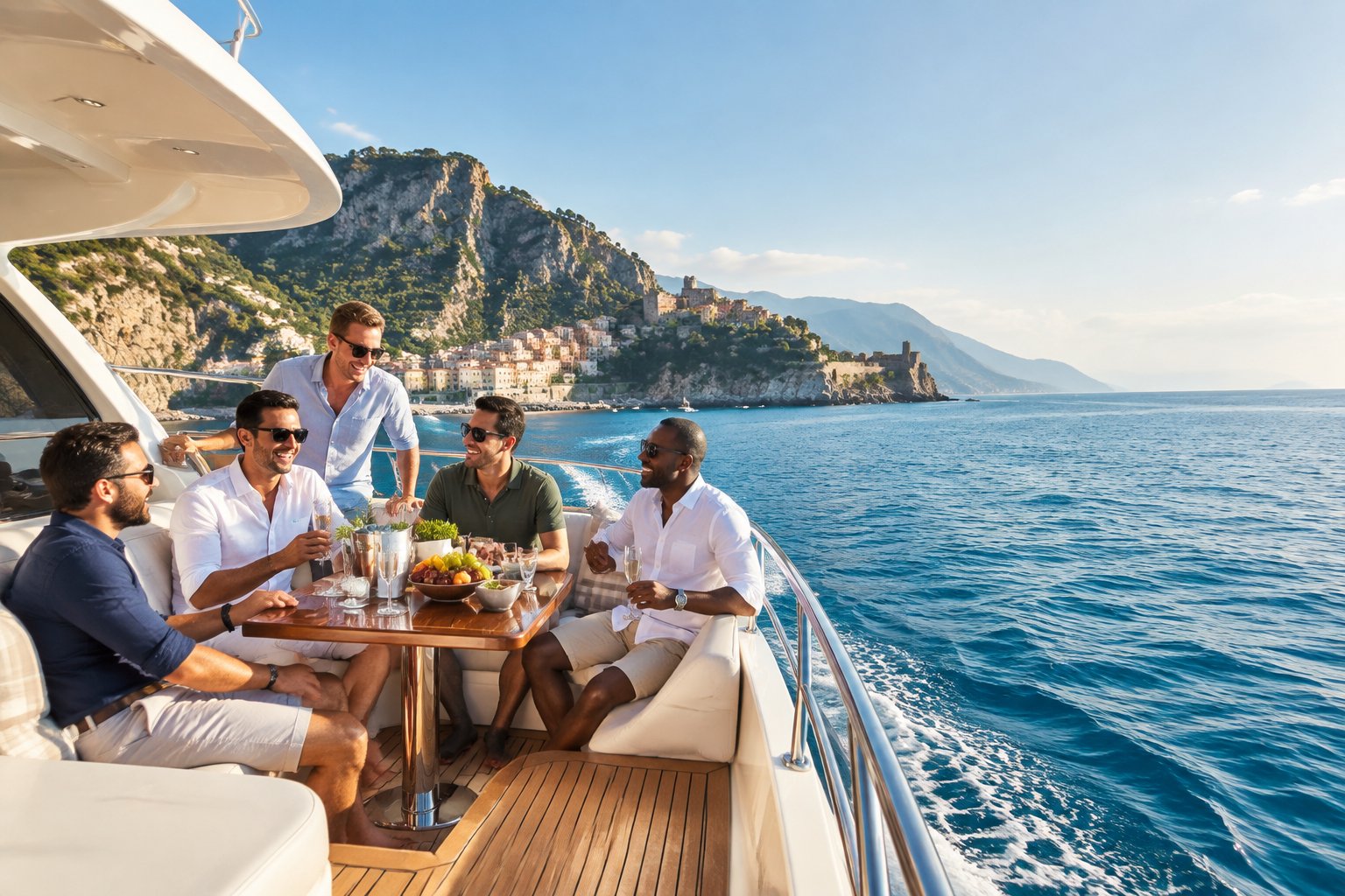 A group of friends relaxing on a luxury yacht near a sunny Mediterranean coastline.