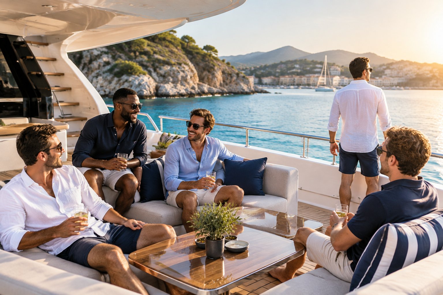 A group of friends relaxing together on the deck of a luxury yacht in a sunny coastal bay.