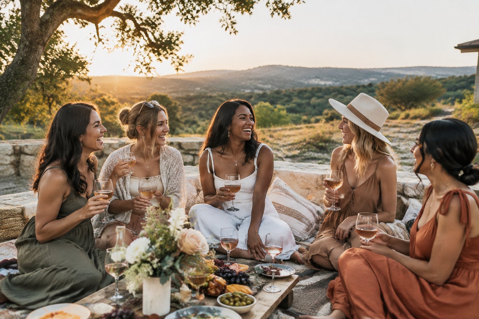 A group of friends celebrating together on a scenic Hill Country ranch patio.