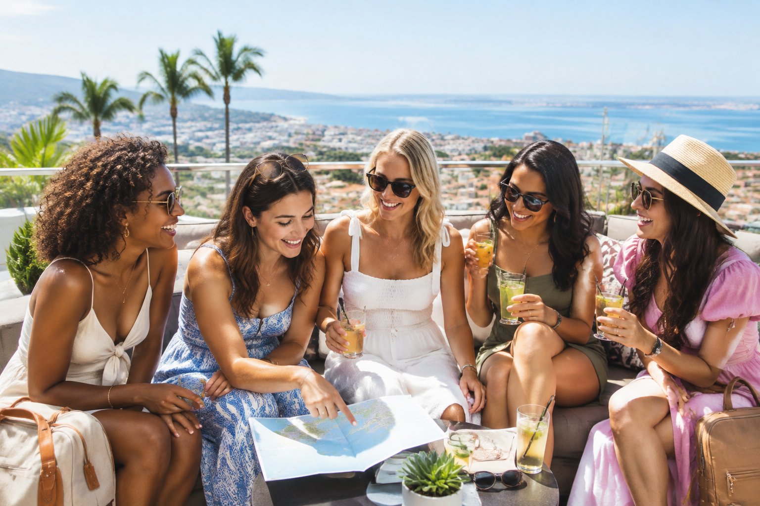 A diverse group of friends enjoys planning and celebrating a getaway on a sunny rooftop overlooking a coastal destination.