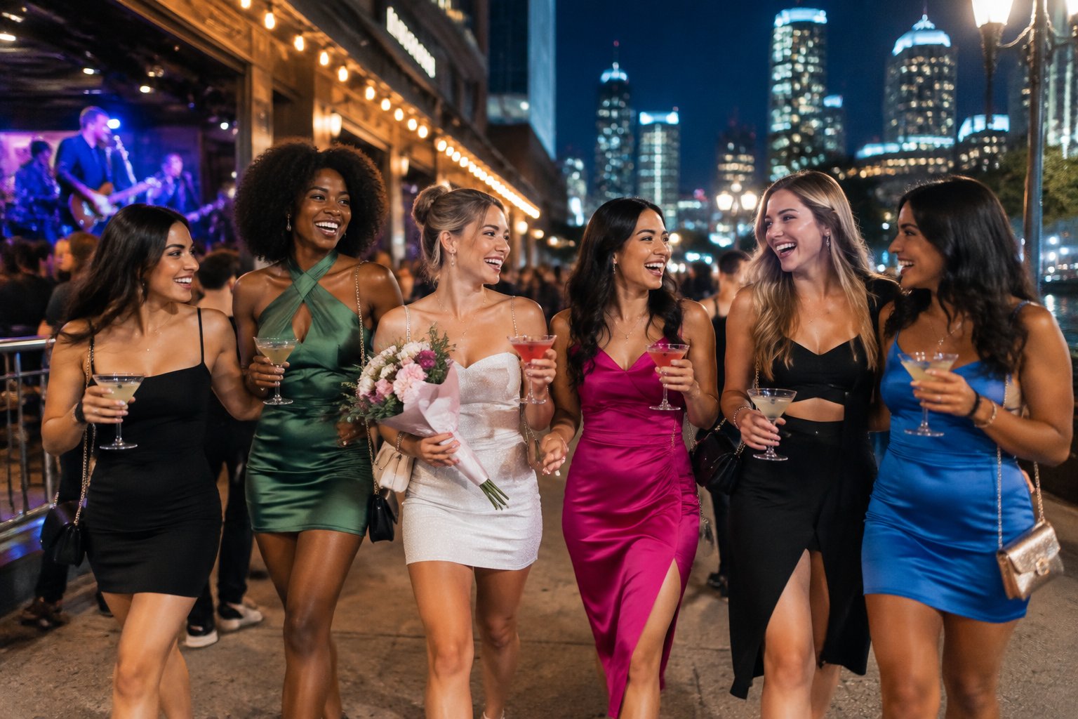 A group of friends celebrates together on a lively city street at night.