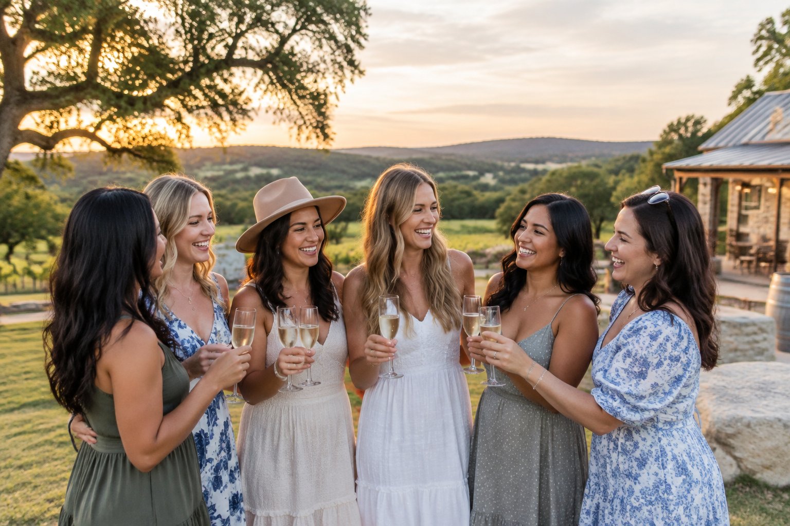 A group of friends celebrating together at a scenic hill-country vineyard near Driftwood.