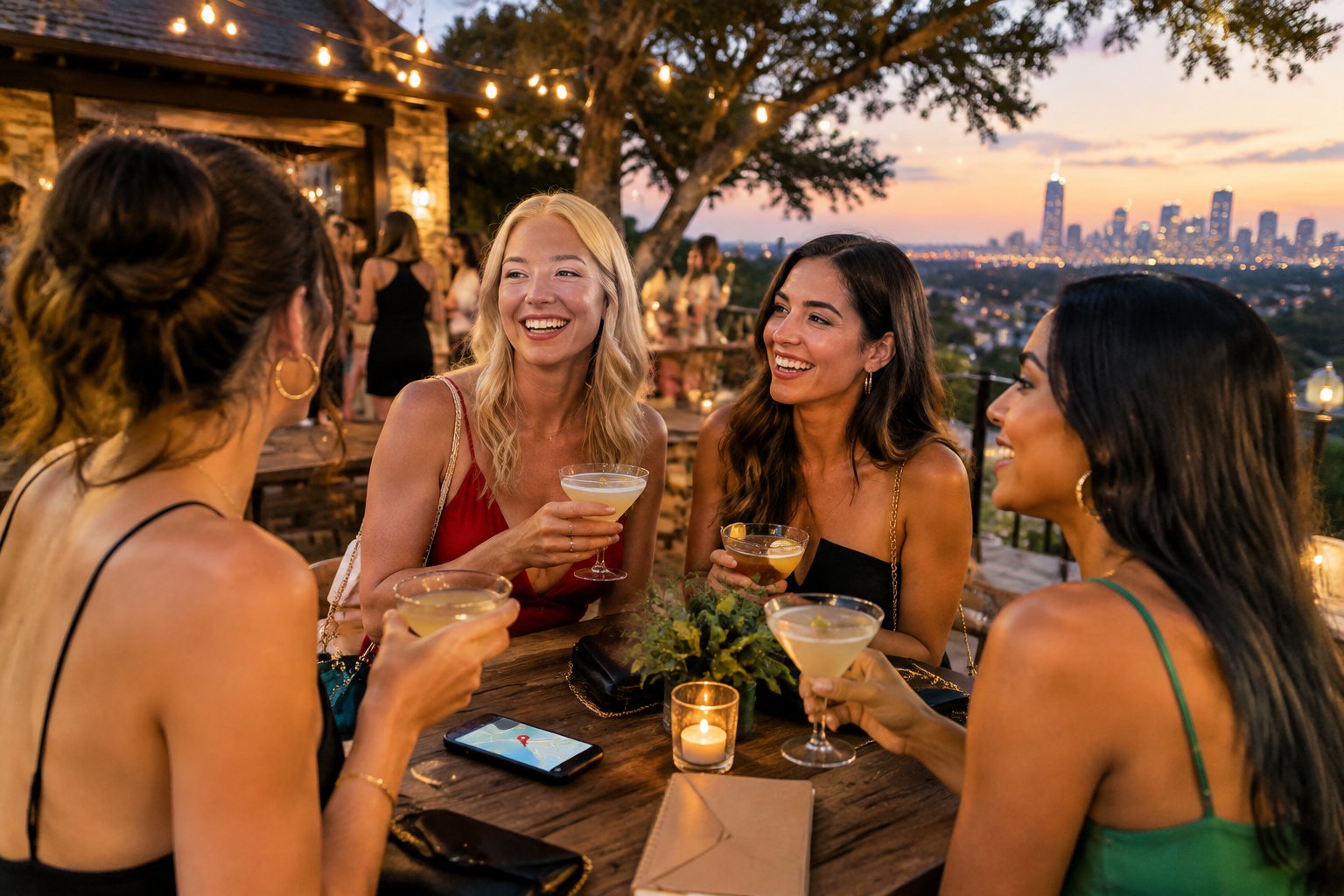 A group of women celebrates on a warmly lit outdoor patio during an evening trip near Driftwood.