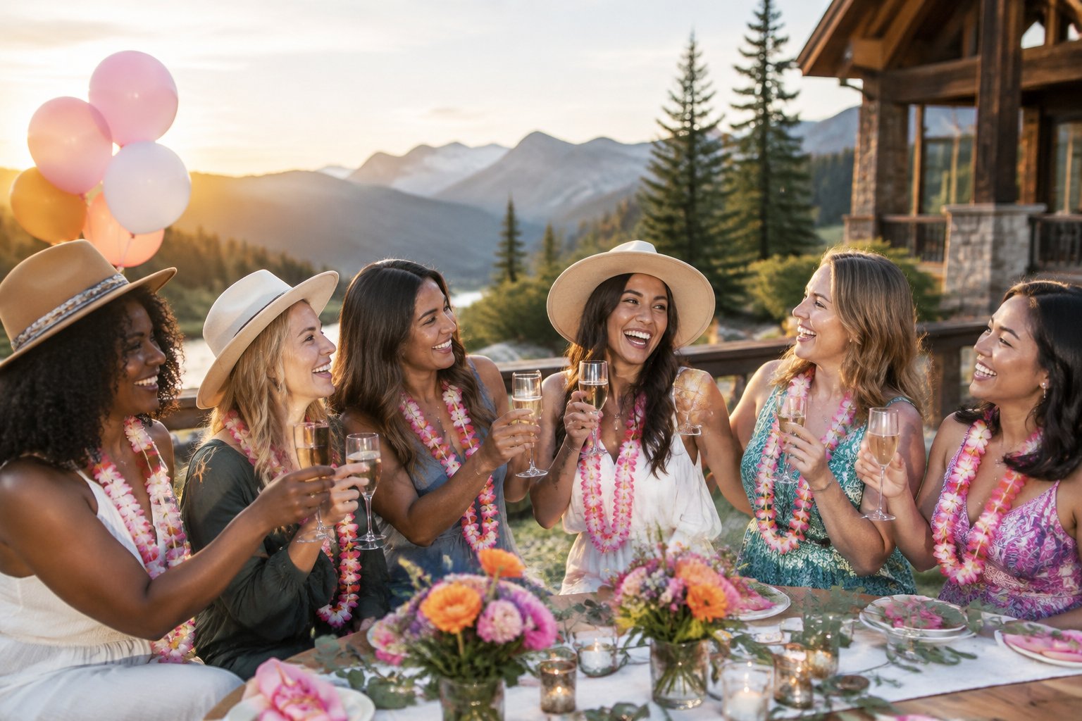 A group of women celebrating together outdoors at a scenic mountain retreat.