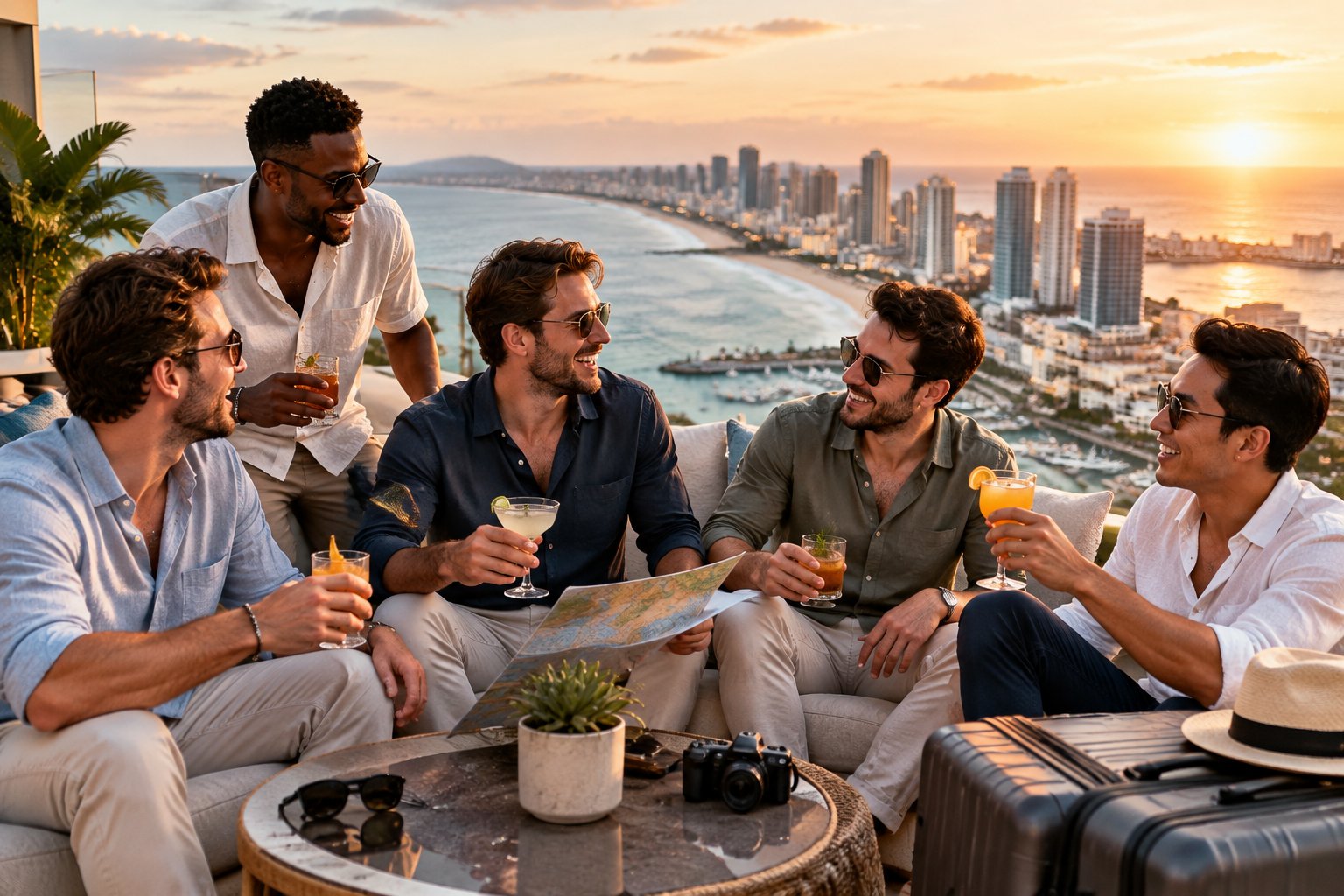 A group of friends celebrates together on a resort terrace overlooking a coastal city and ocean.