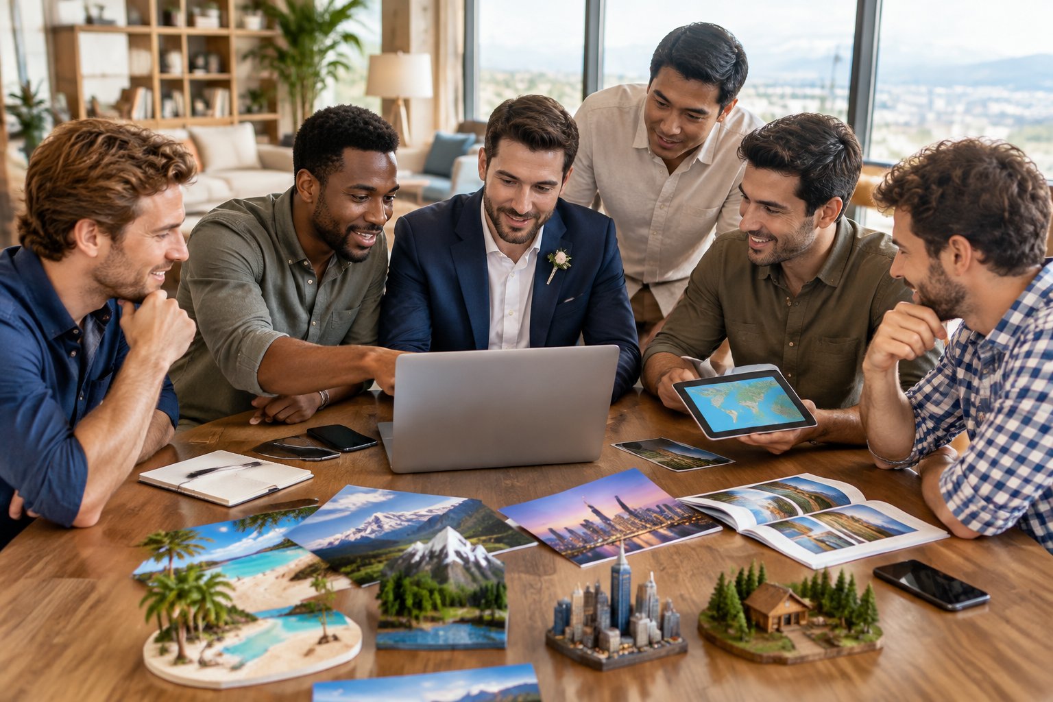 A groom and his friends compare travel options for a bachelor party around a table.