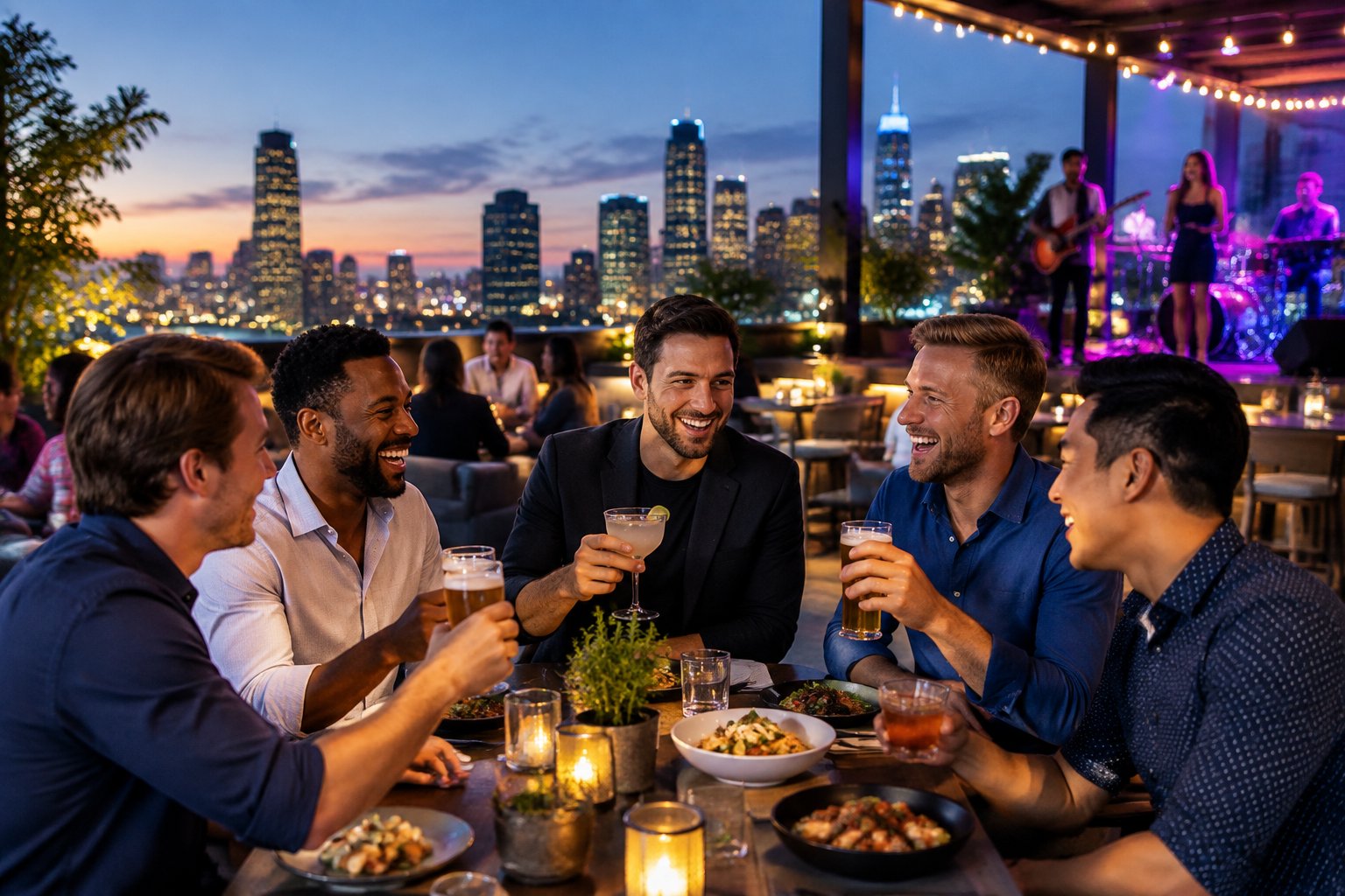 Friends celebrating at a lively rooftop nightlife venue with music, drinks, food, and city lights.