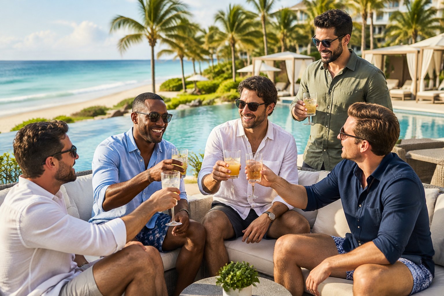 A group of adult friends relaxing and celebrating beside an infinity pool at a tropical beach resort.