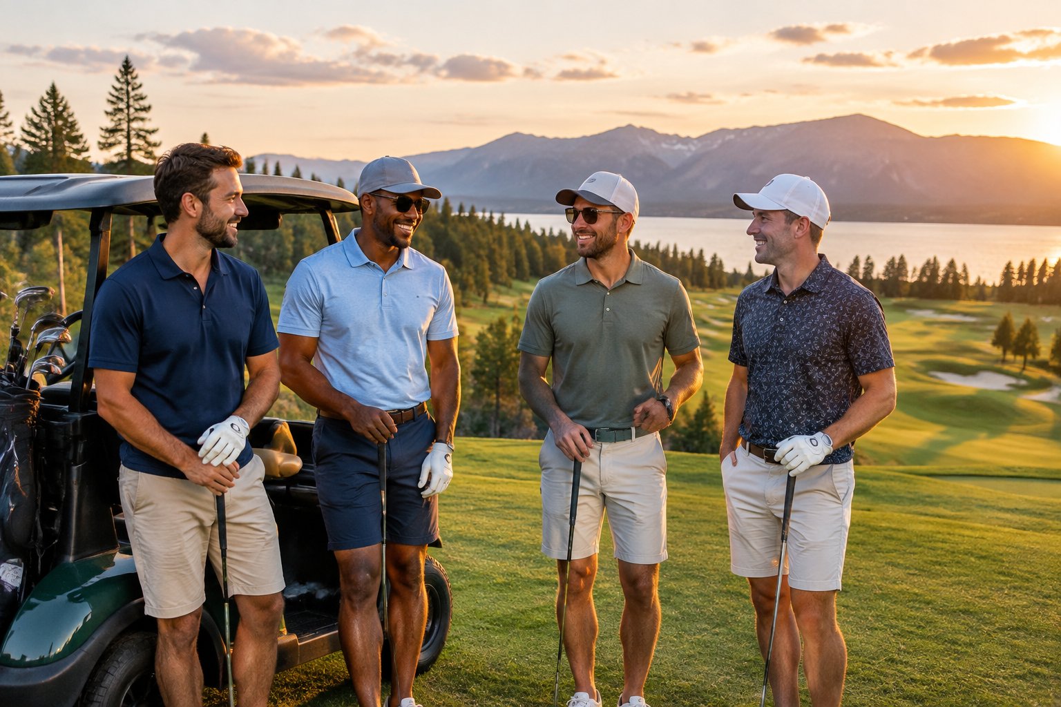 Friends gather with a golf cart on a scenic course surrounded by mountains and outdoor landscapes.