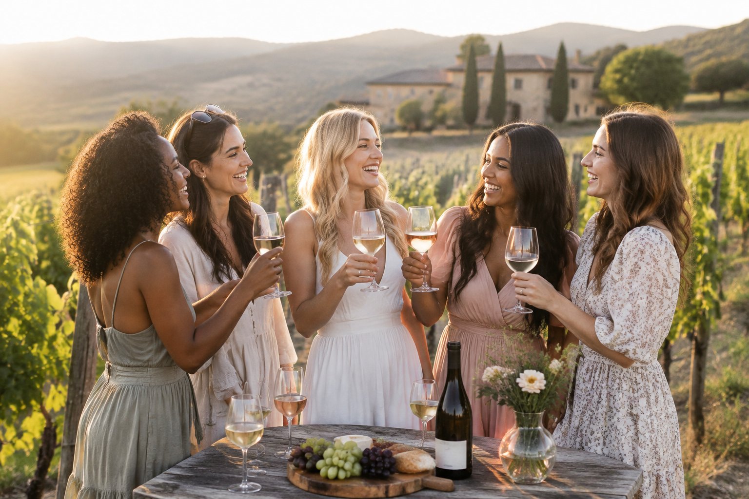 A group of women celebrating a bachelorette party with a toast at a scenic vineyard.