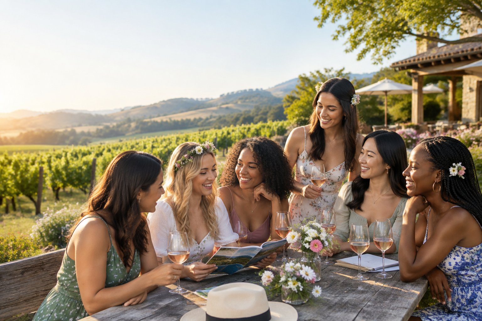 A group of friends enjoys wine tasting together at a scenic vineyard.