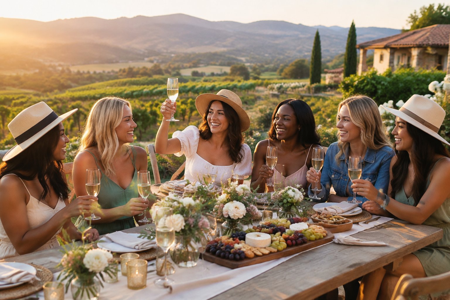 A group of women celebrating with sparkling wine at a California vineyard overlooking rolling hills.