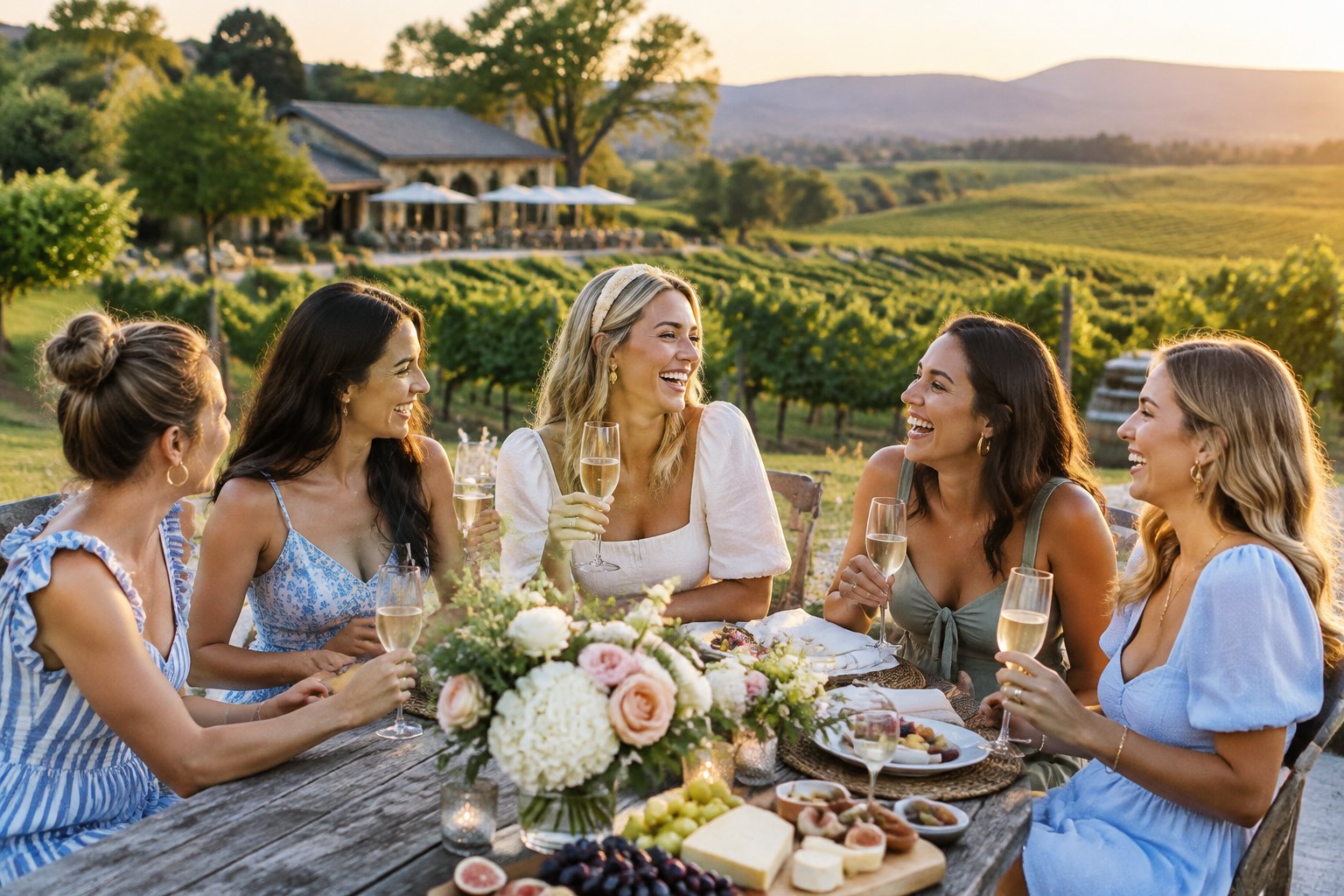 A group of women celebrating together at a scenic vineyard with wine, food, and rolling hills in the background.