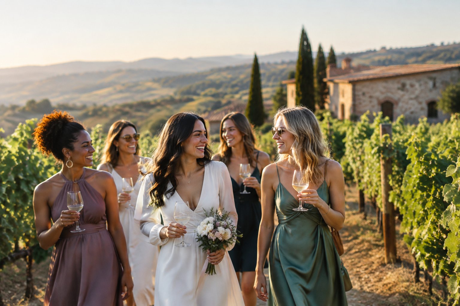 A group of friends celebrates together at a scenic vineyard surrounded by rolling hills.