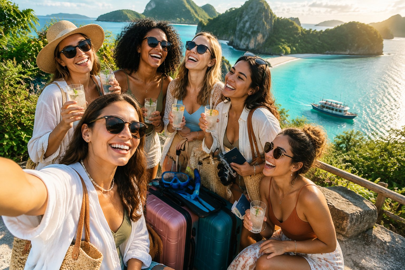 A group of friends celebrates together at a sunny tropical coastal destination with luggage and adventure gear nearby.