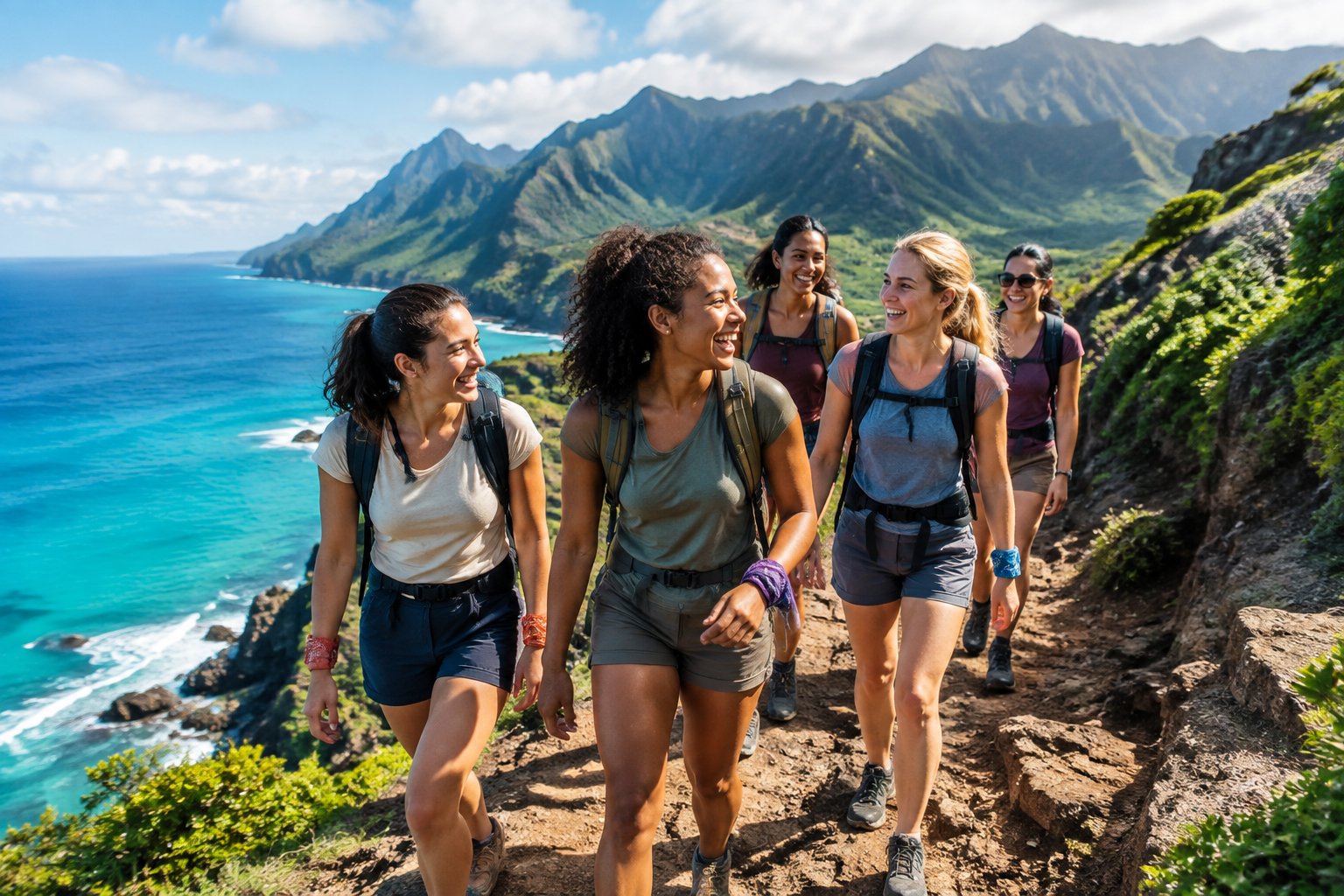 A group of friends hikes along a scenic coastal cliff trail overlooking turquoise water and mountains.
