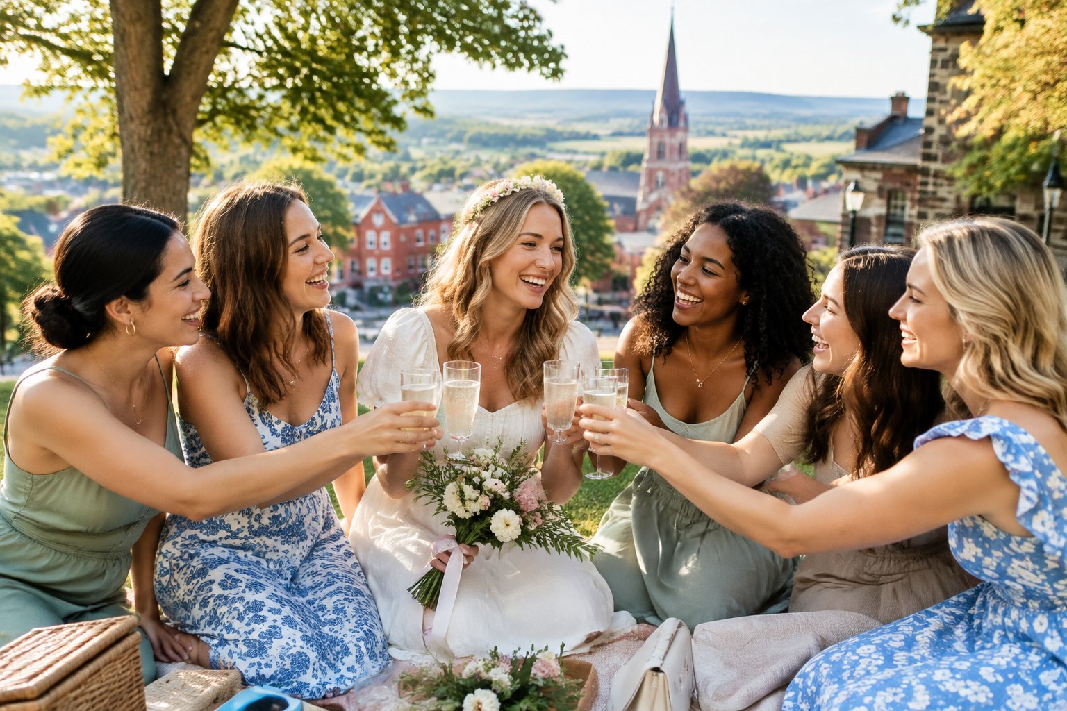 A group of women celebrating a bachelorette party outdoors near historic Gettysburg buildings.