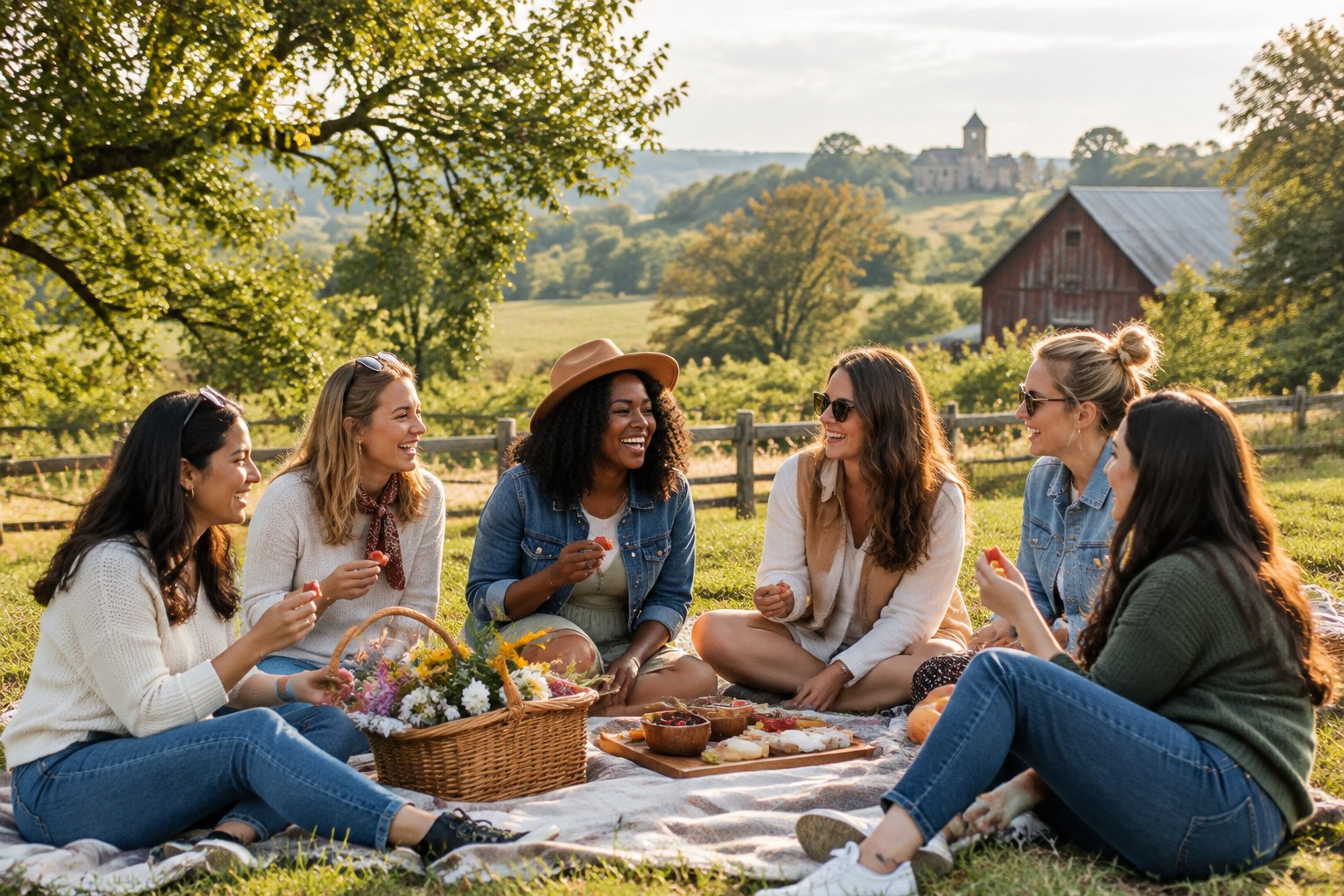 A group of women enjoying a daytime countryside activity together near Gettysburg.