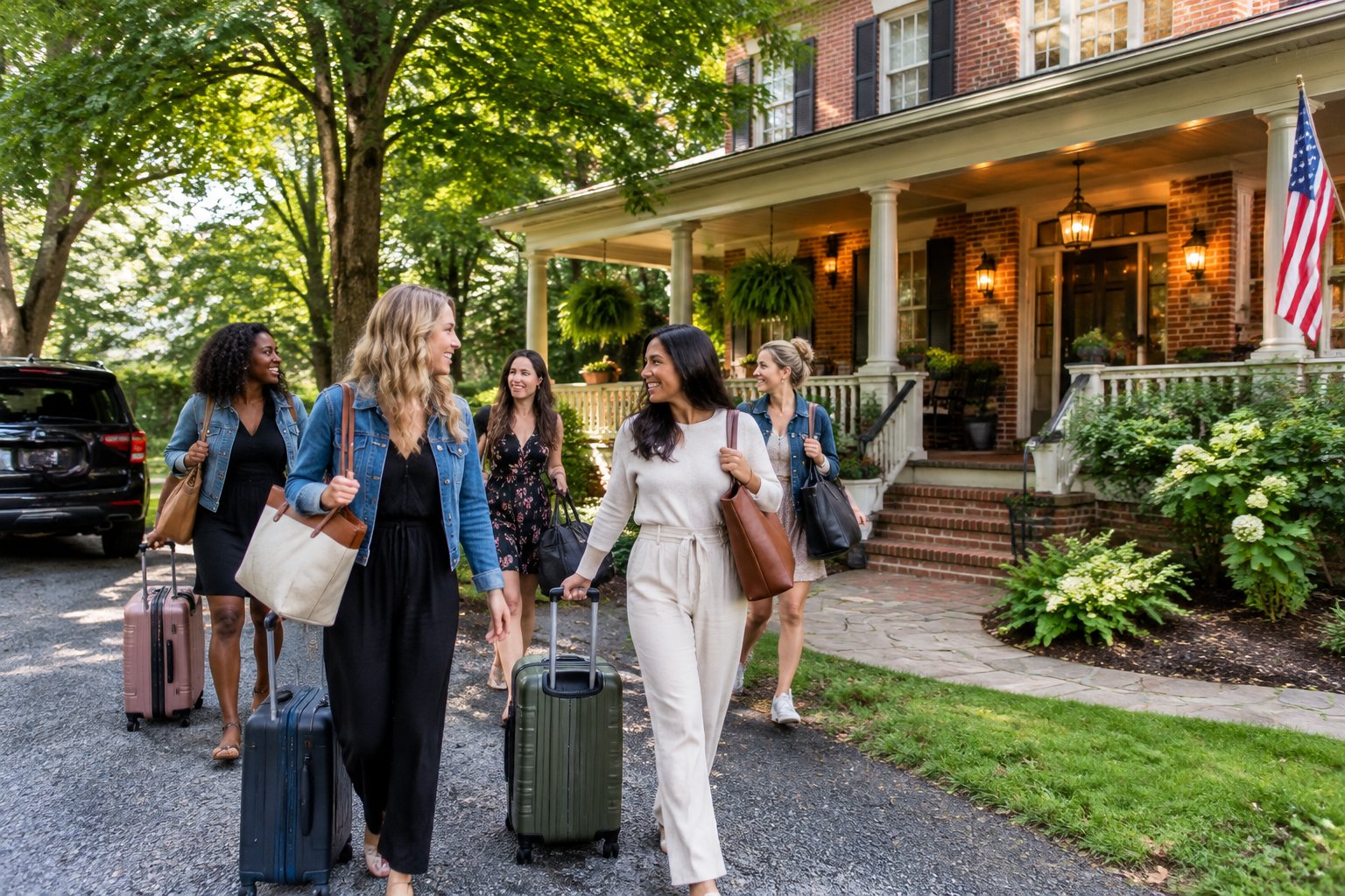 A group of friends arrives with luggage at a welcoming historic inn in Gettysburg.