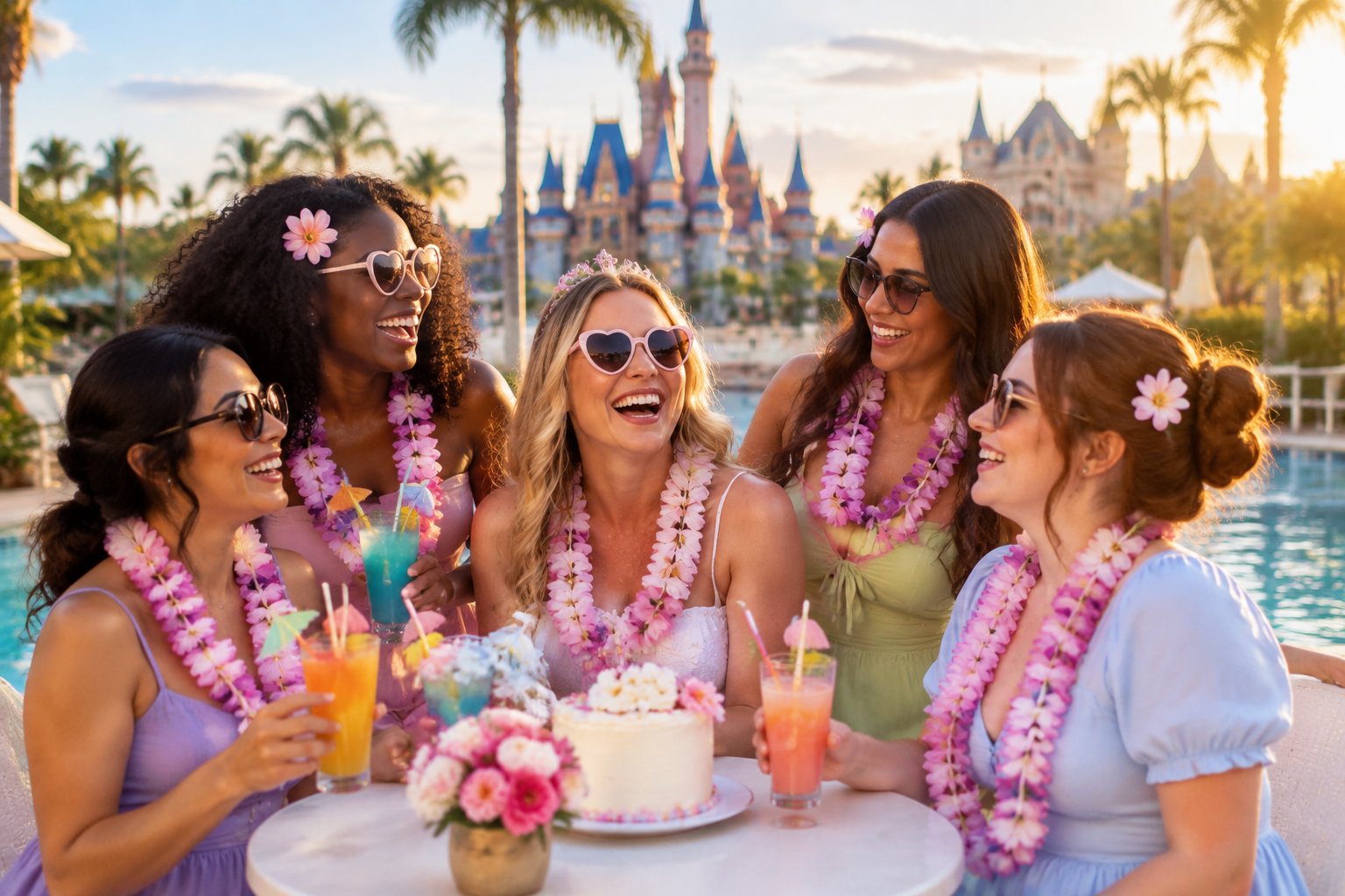A group of women celebrating together at a tropical resort near a whimsical theme-park destination.