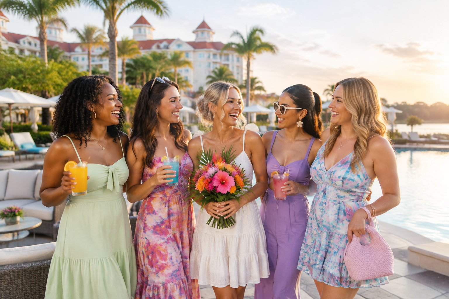 A group of women friends celebrating together at a tropical resort pool.