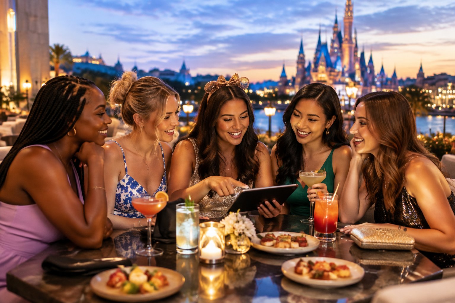 Friends gather around a table to plan a celebratory evening of dining and drinks at a Disney-themed destination.