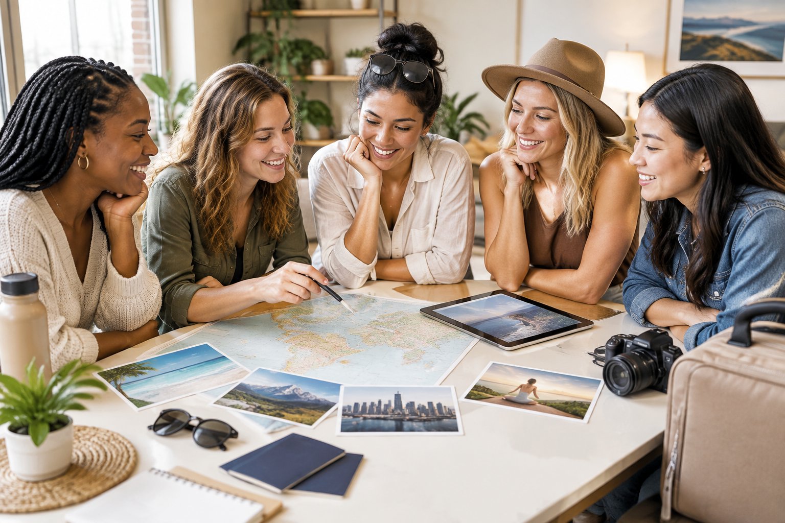 Friends compare travel options around a table while planning a group getaway.
