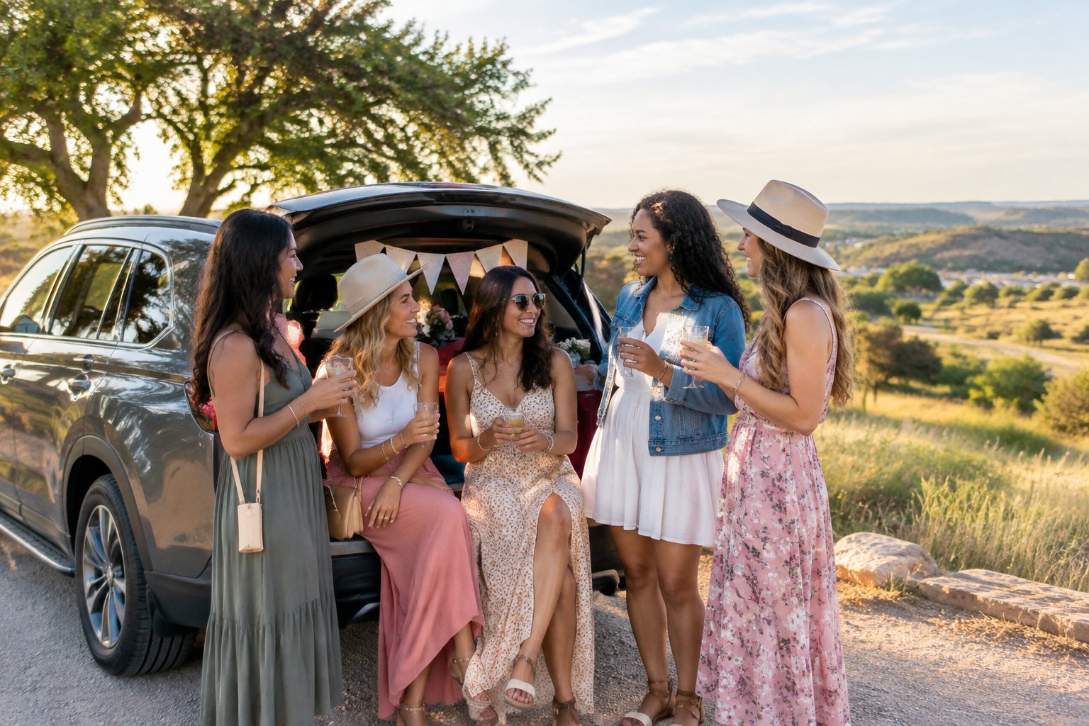 A group of friends celebrating beside an SUV in a sunny Texas countryside setting.