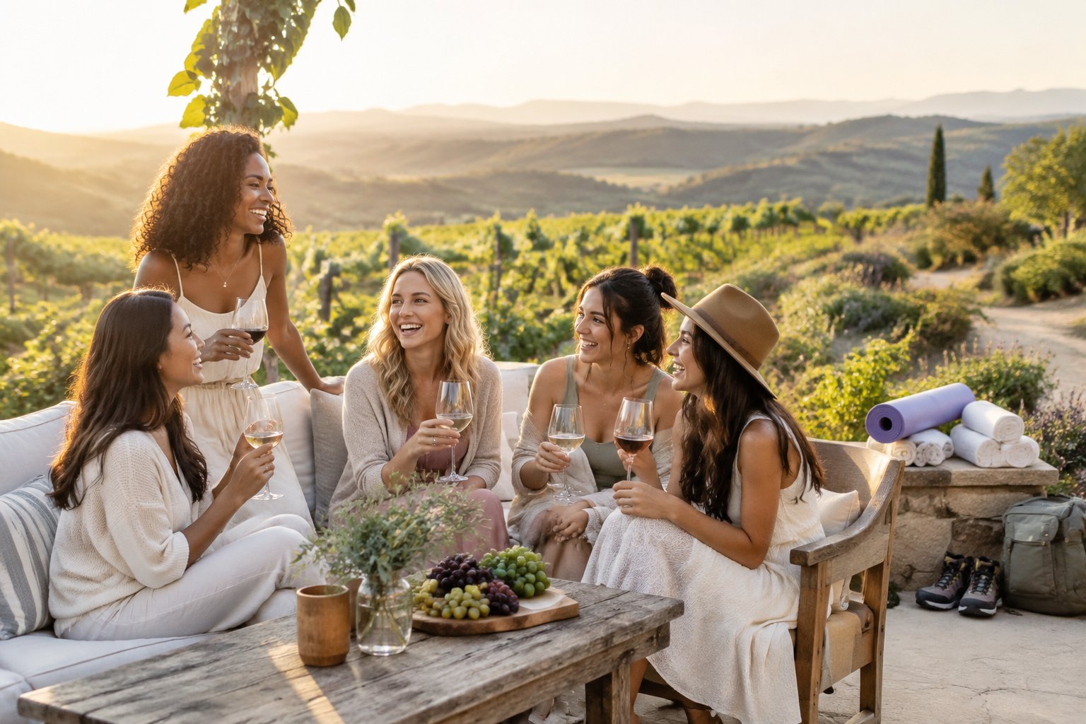 A group of women friends relax together on a vineyard terrace surrounded by hills and outdoor wellness items.