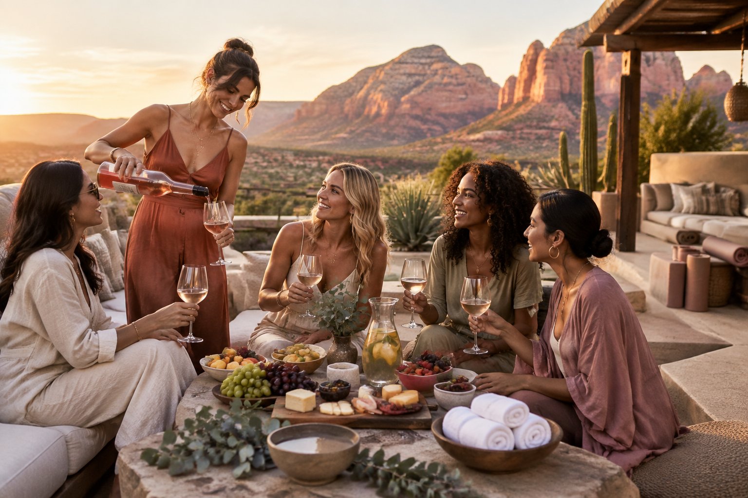A group of women enjoying wine and wellness amenities at a luxury desert resort surrounded by red-rock mountains.