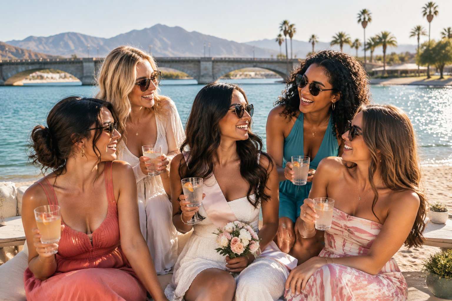 A group of friends celebrates a bridal getaway beside the turquoise waters of Lake Havasu with desert scenery in the background.