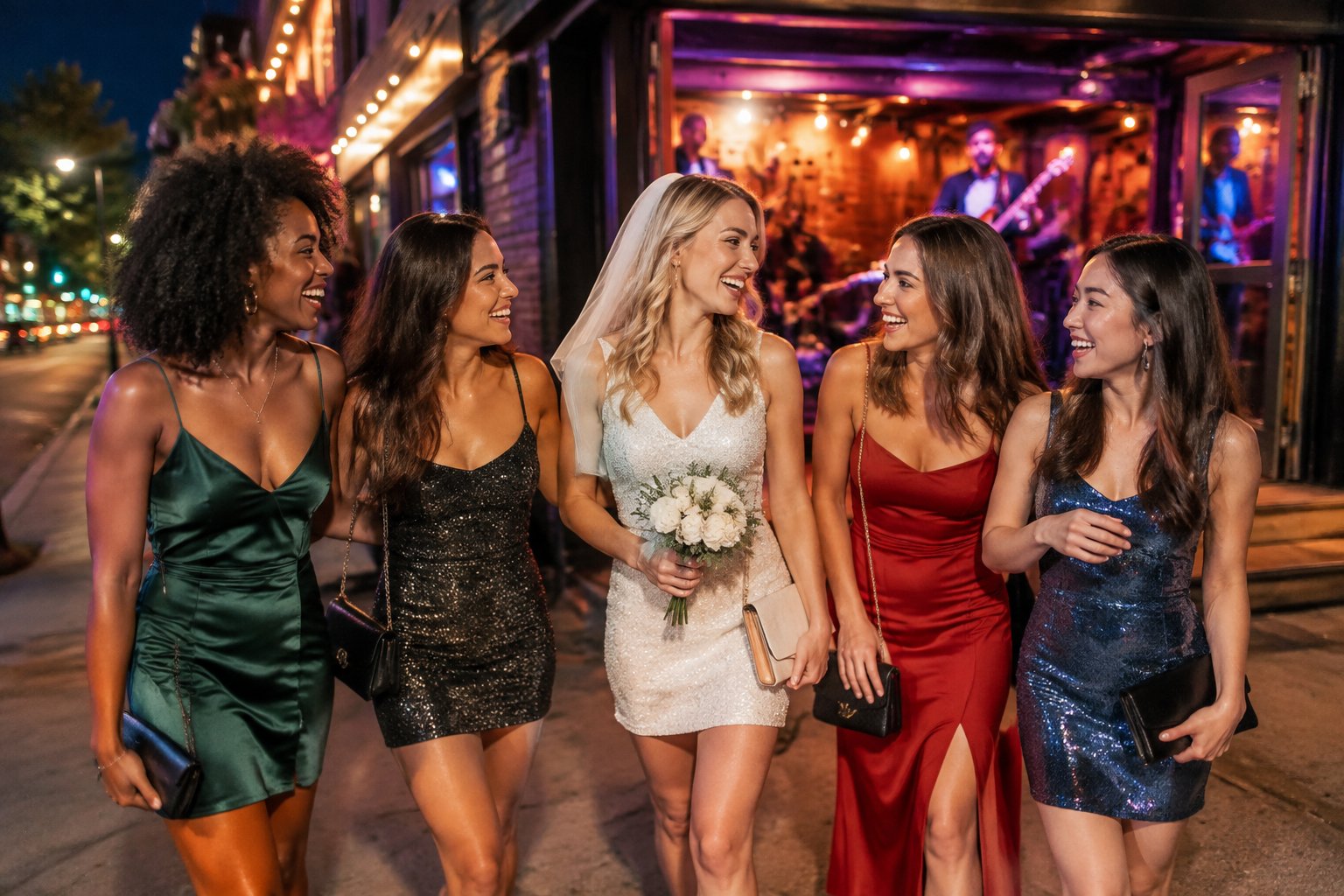 A group of women friends celebrating outside a lively music venue at night.