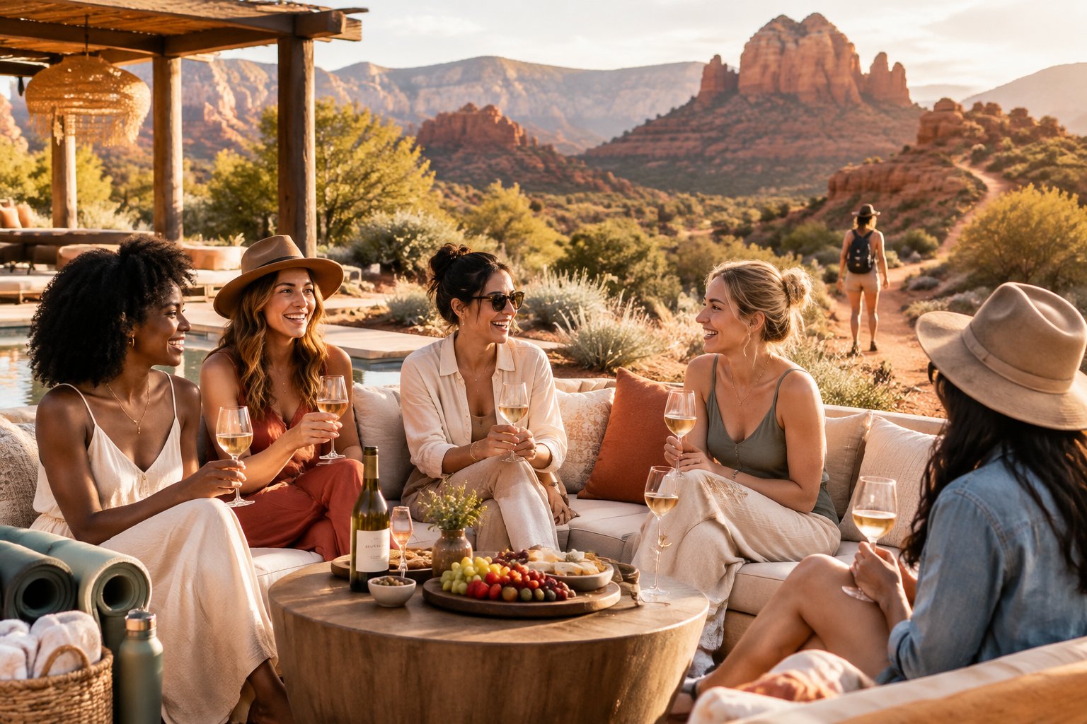 A group of women friends relax at a desert retreat with wine, wellness items, and red-rock scenery.