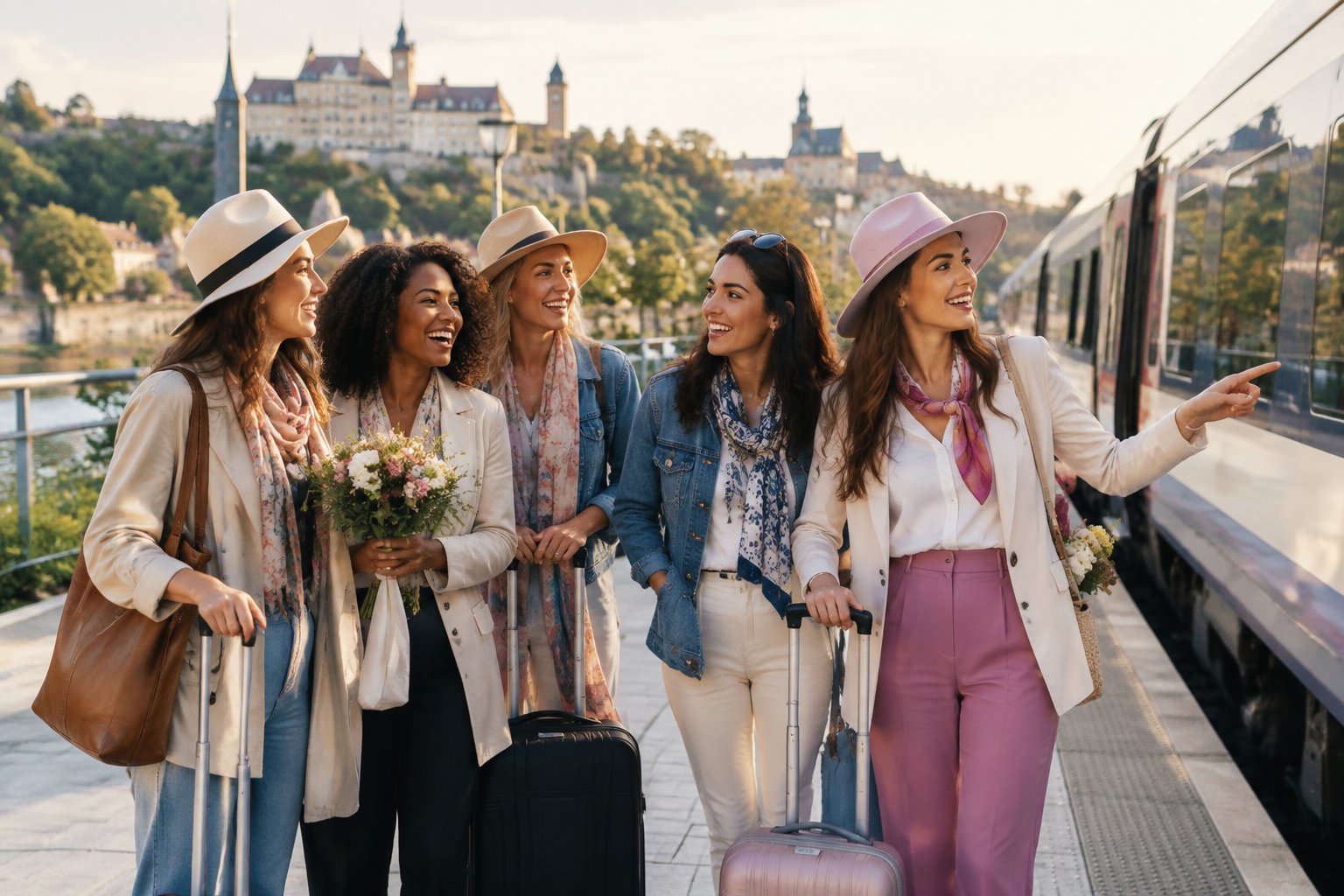 A group of friends with luggage celebrates beside a passenger train at a scenic station.