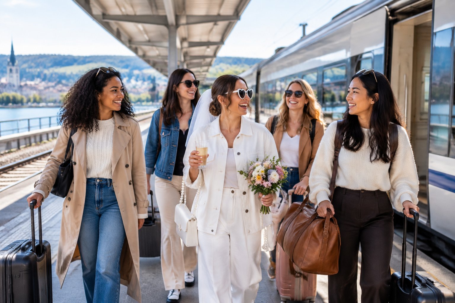 A group of friends celebrates beside a passenger train at a bright station.