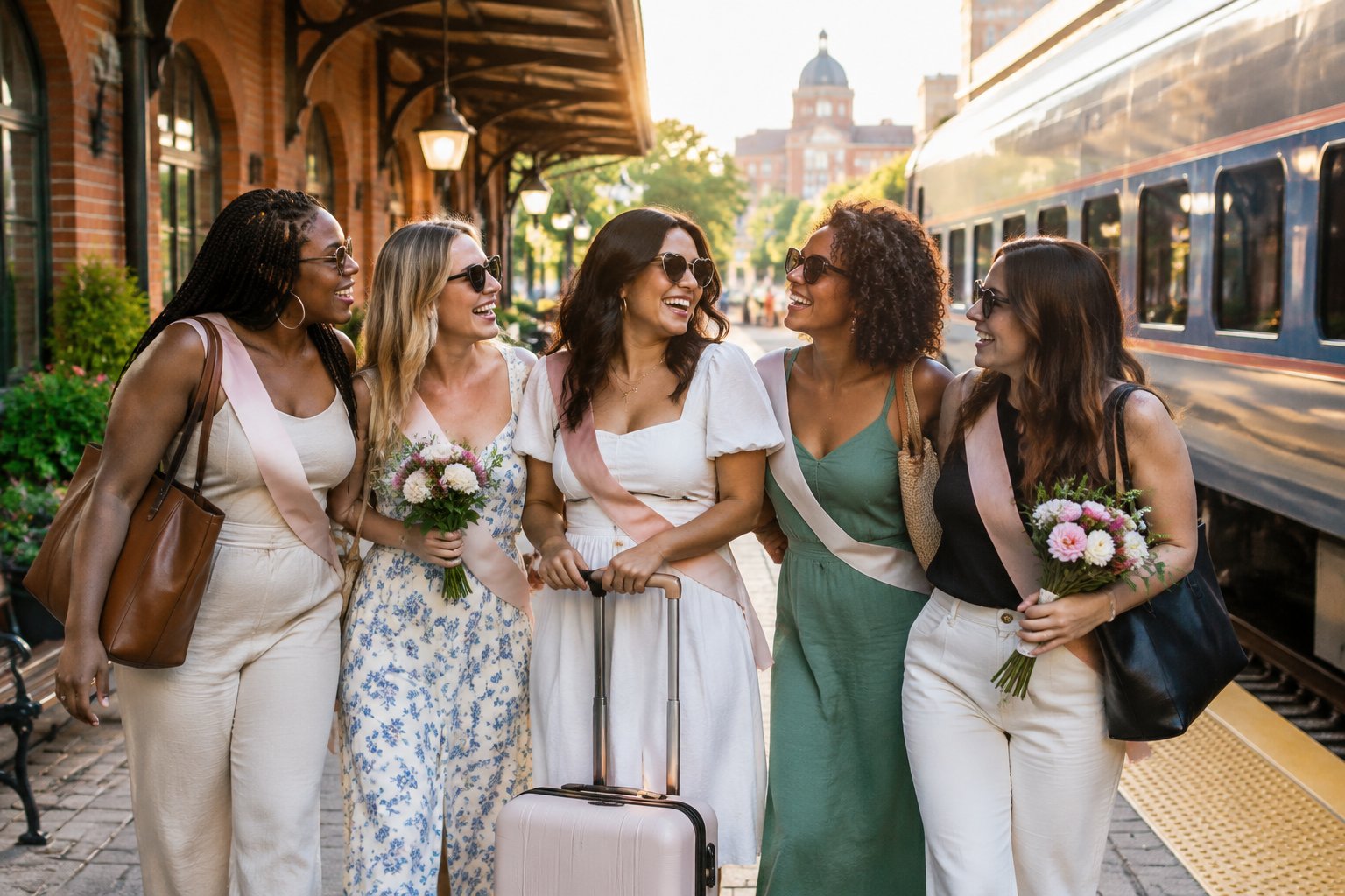 A group of women friends celebrating together beside a passenger train at a charming historic station.
