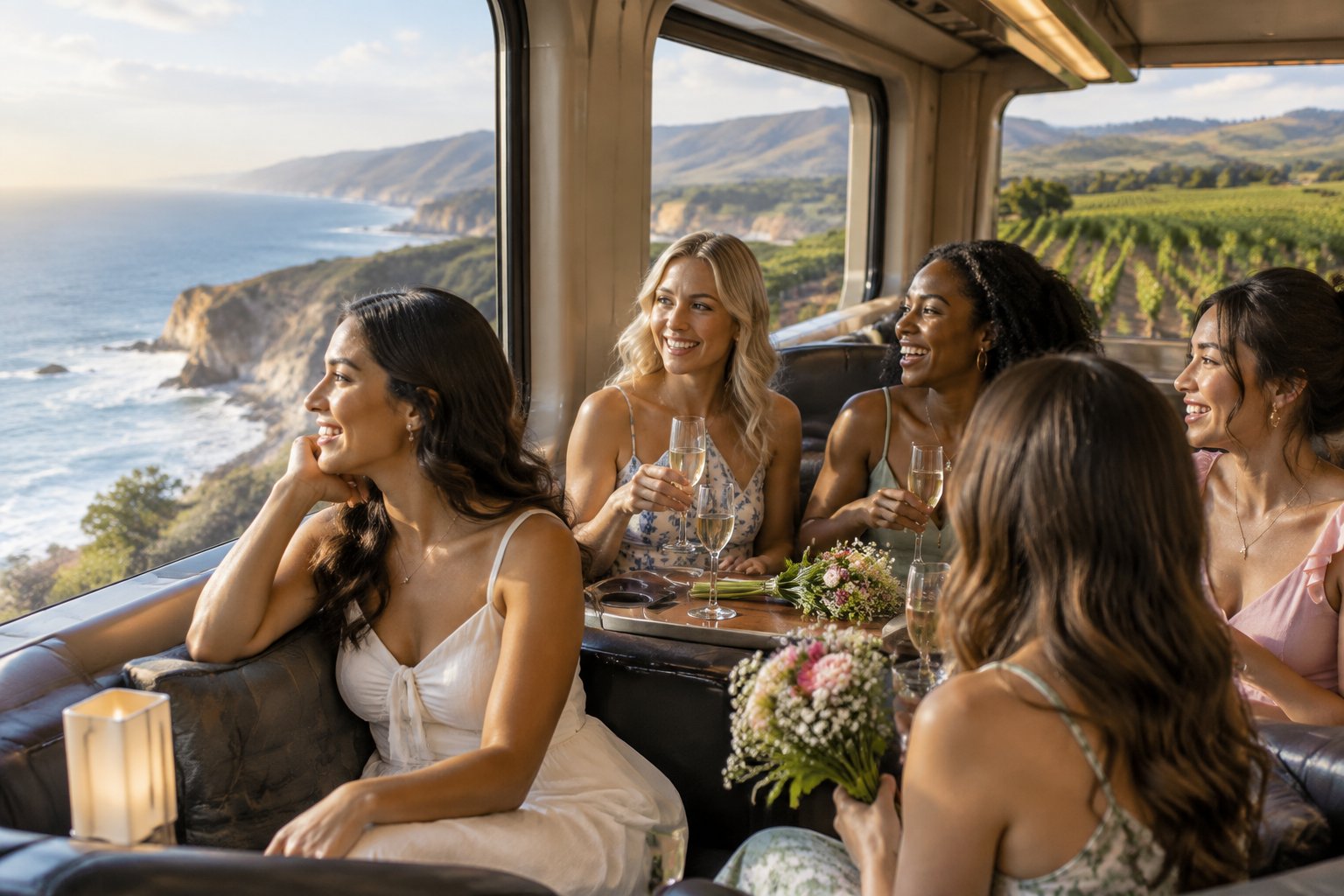 A group of friends celebrates aboard a train passing California coastline and vineyards.